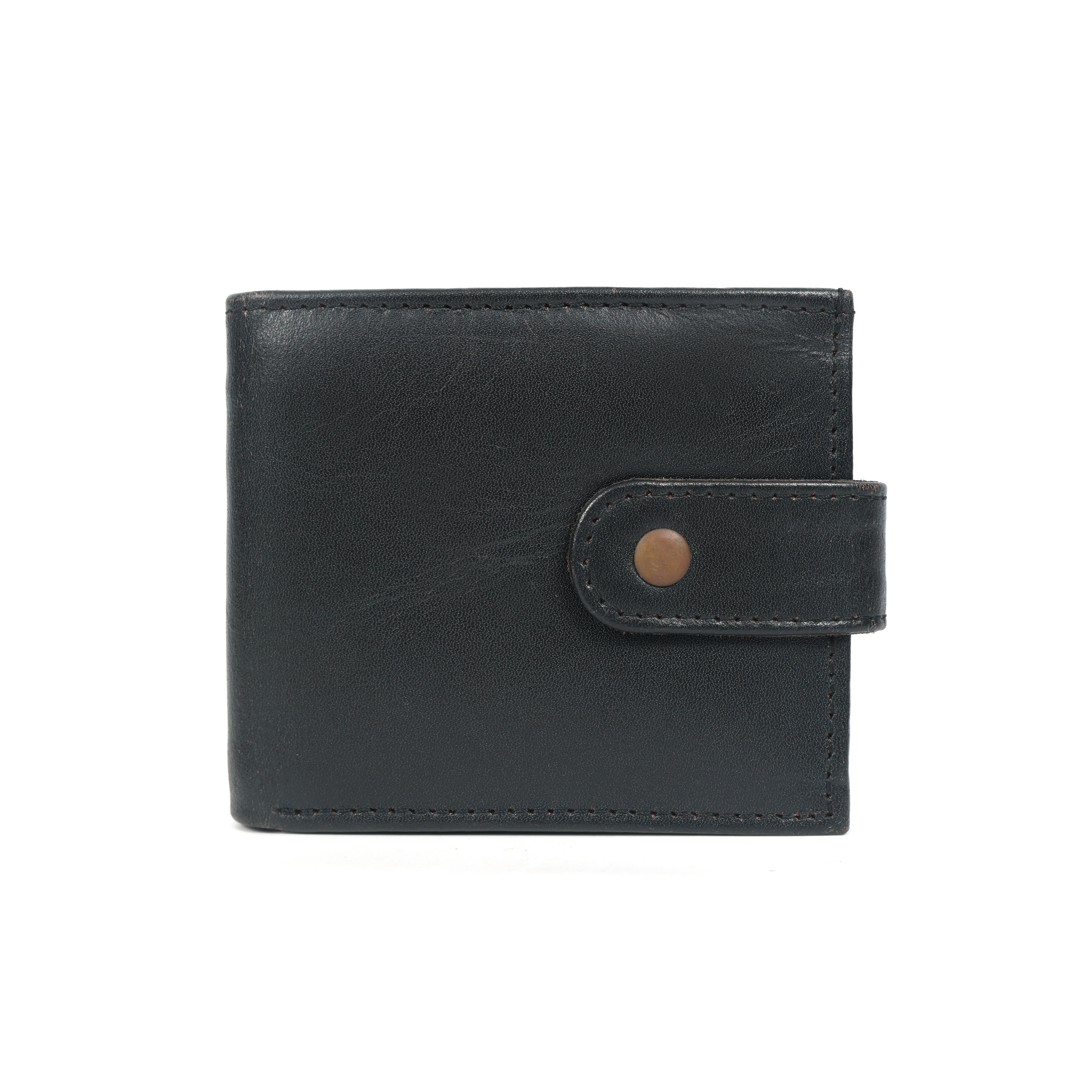 Genuine Leather Men’s Wallet – Black Bifold with Coin Pocket & Button Strap