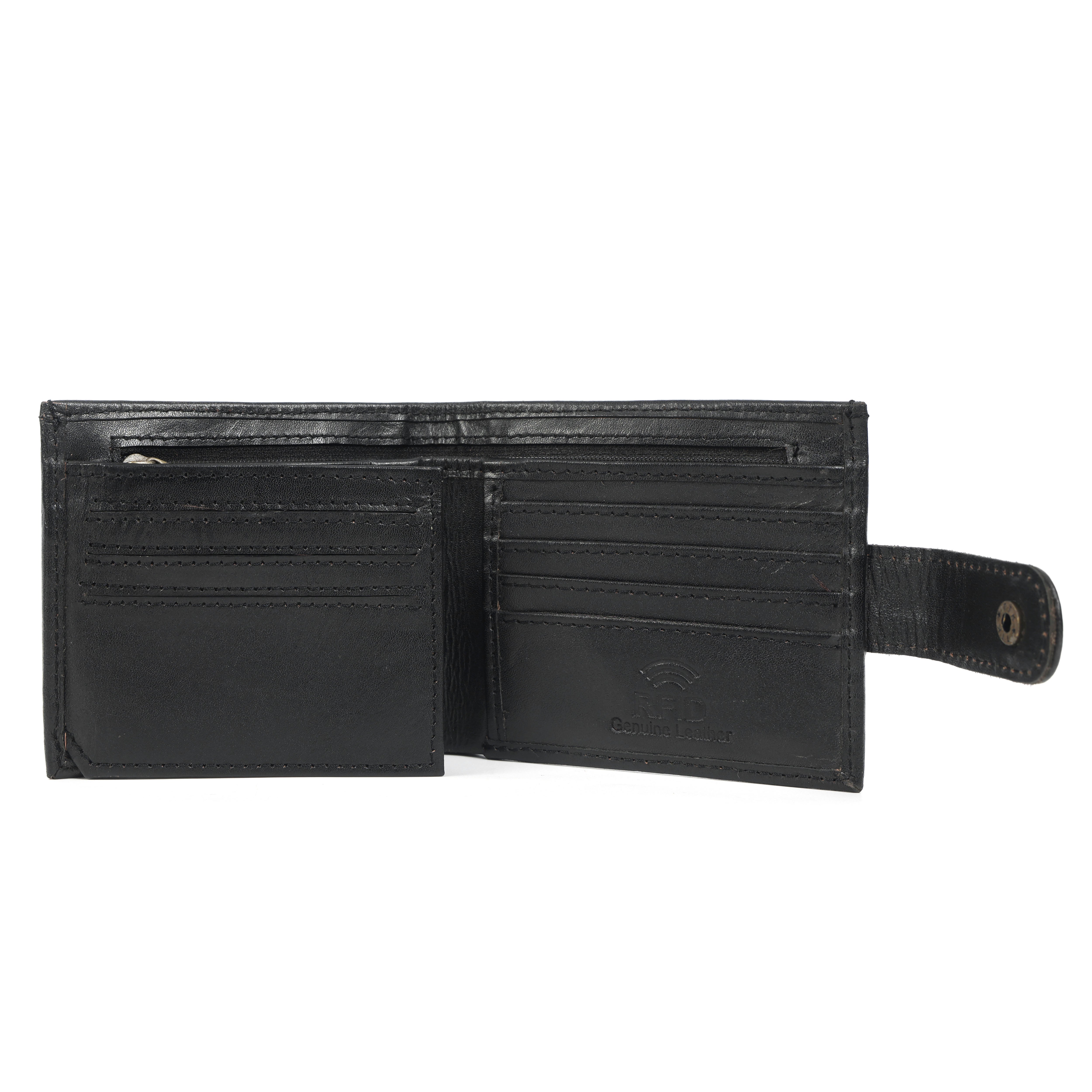 Genuine Leather Men’s Wallet – Black Bifold with Coin Pocket & Button Strap