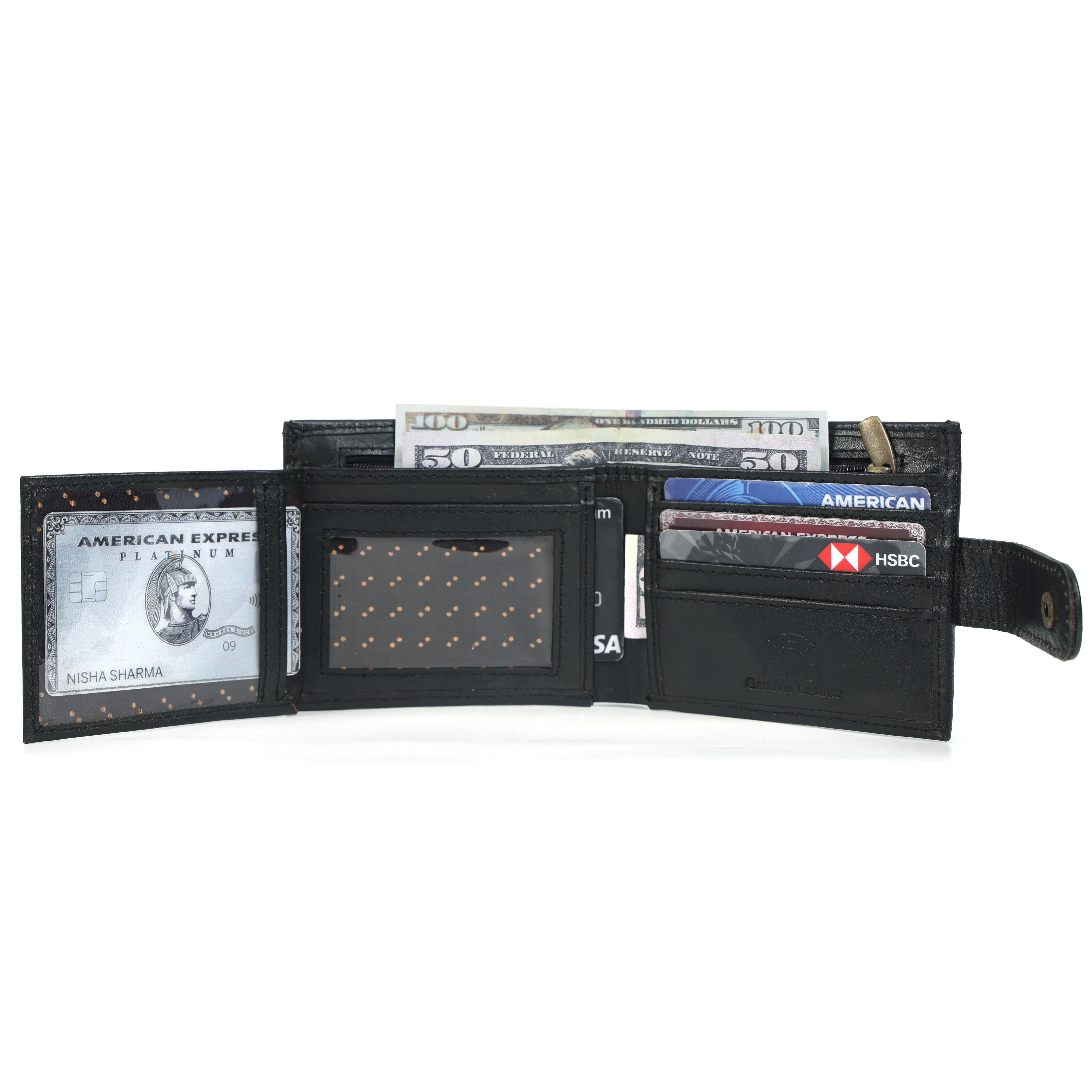 Genuine Leather Men’s Wallet – Black Bifold with Coin Pocket & Button Strap
