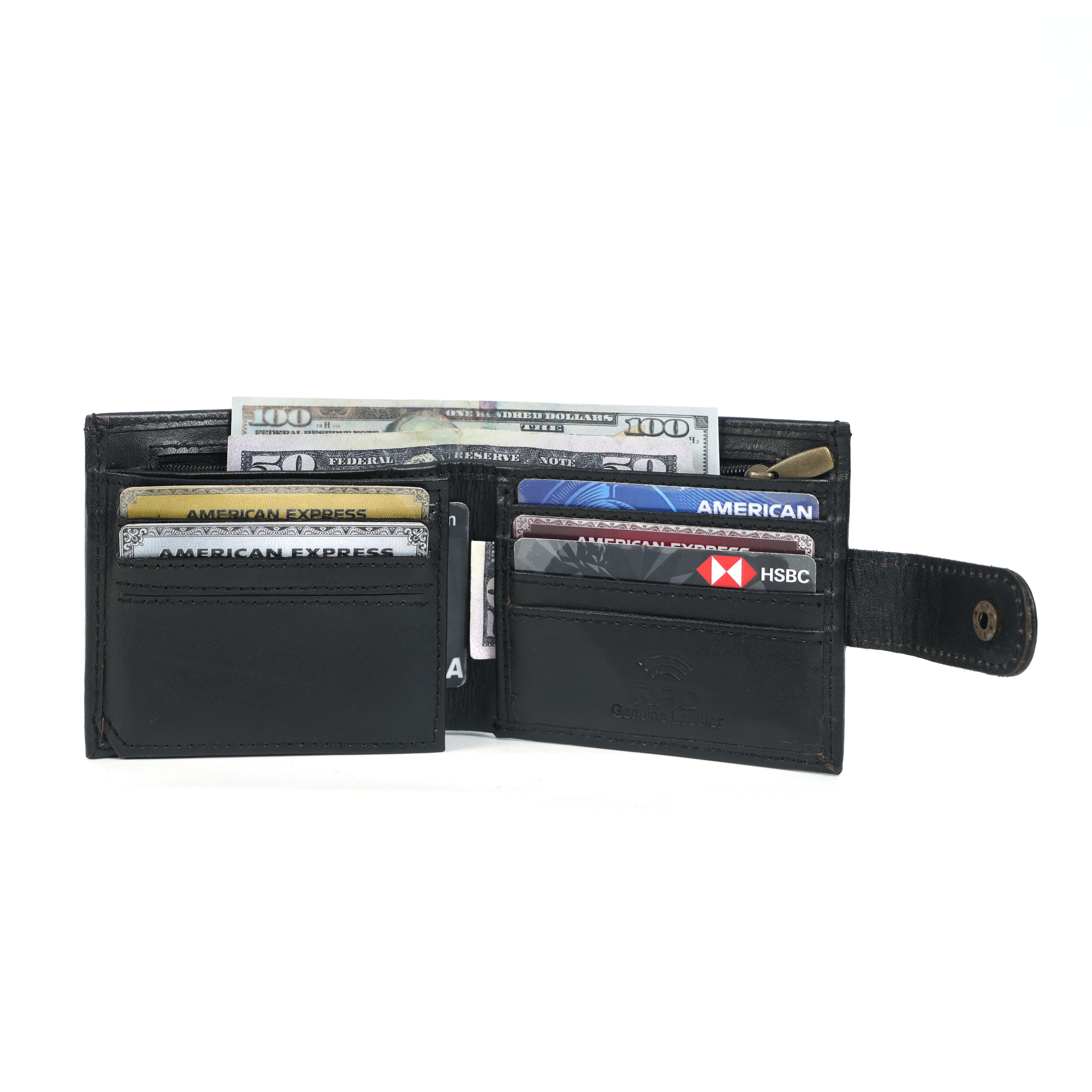 Genuine Leather Men’s Wallet – Black Bifold with Coin Pocket & Button Strap