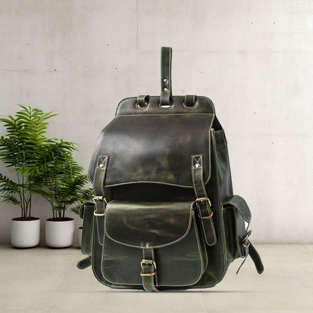 Handmade Green Leather Backpack Stylish Travel & Office Bag