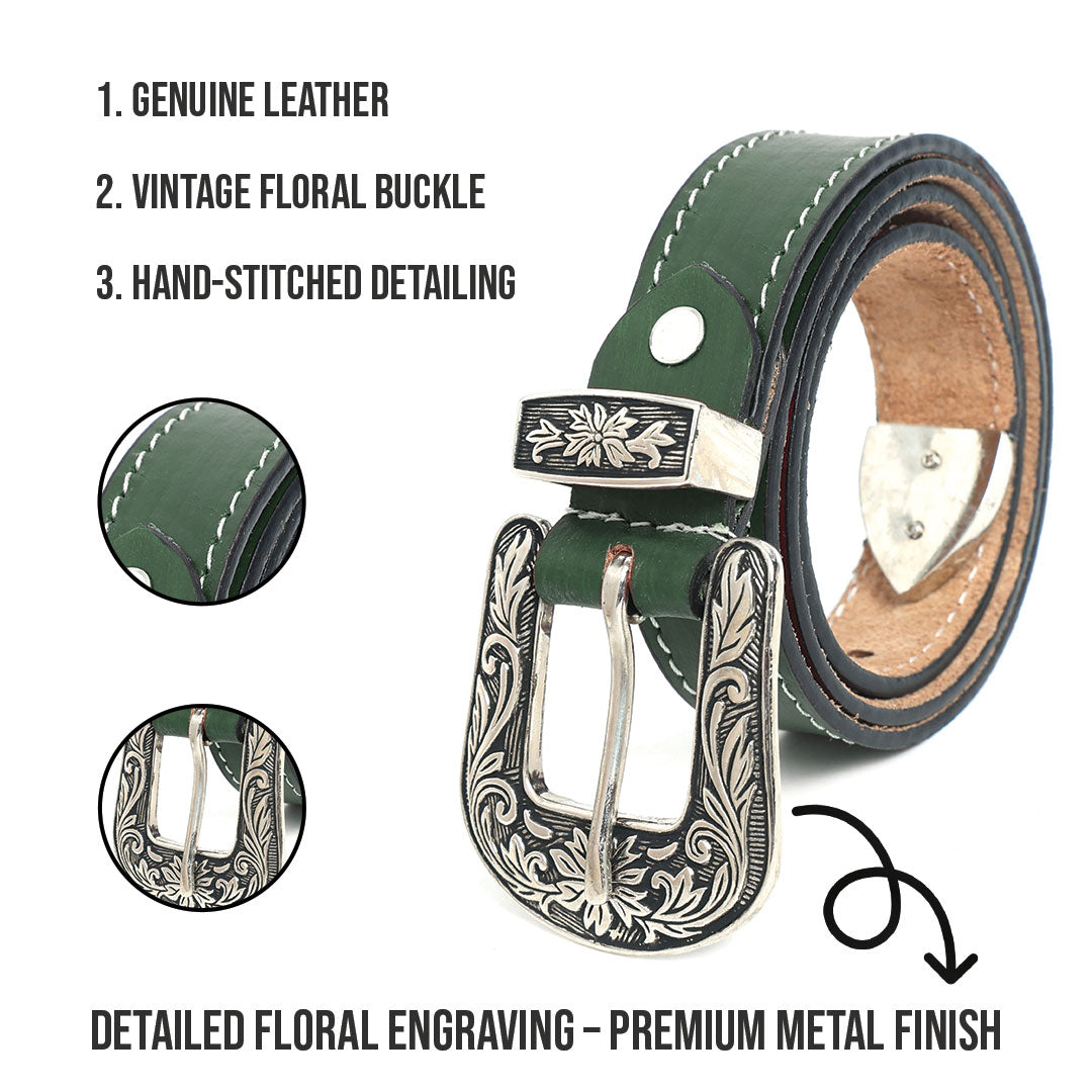 Unisex Genuine Leather Cowboy Cowgirl Belt Western Vintage Engraved Buckle Belt Stylish Casual & Party Wear Belt
