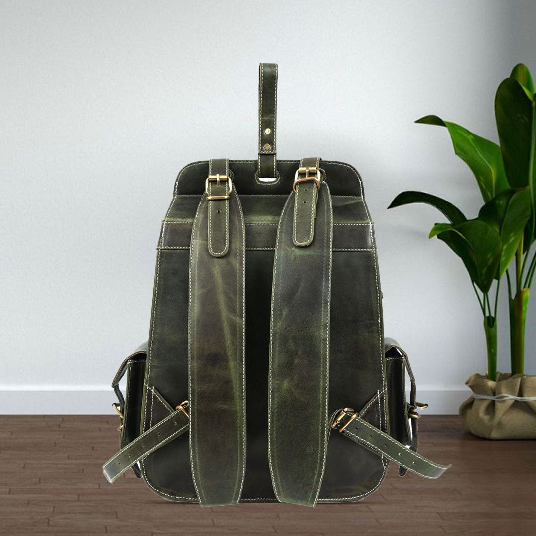 Handmade Green Leather Backpack Stylish Travel & Office Bag