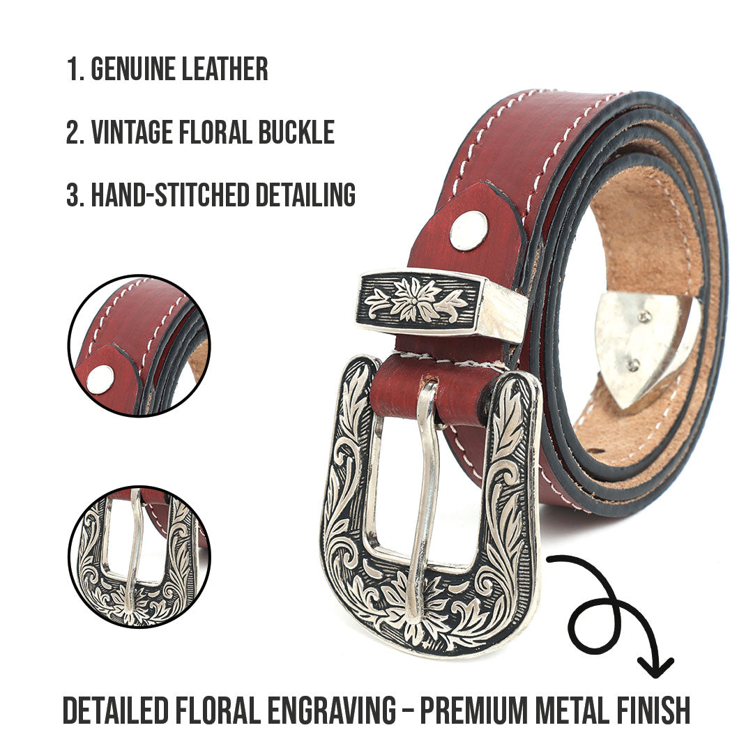 Unisex Genuine Leather Cowboy Cowgirl Belt Western Vintage Engraved Buckle Belt Stylish Casual & Party Wear Belt