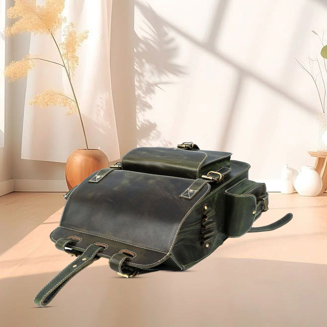 Handmade Green Leather Backpack Stylish Travel & Office Bag