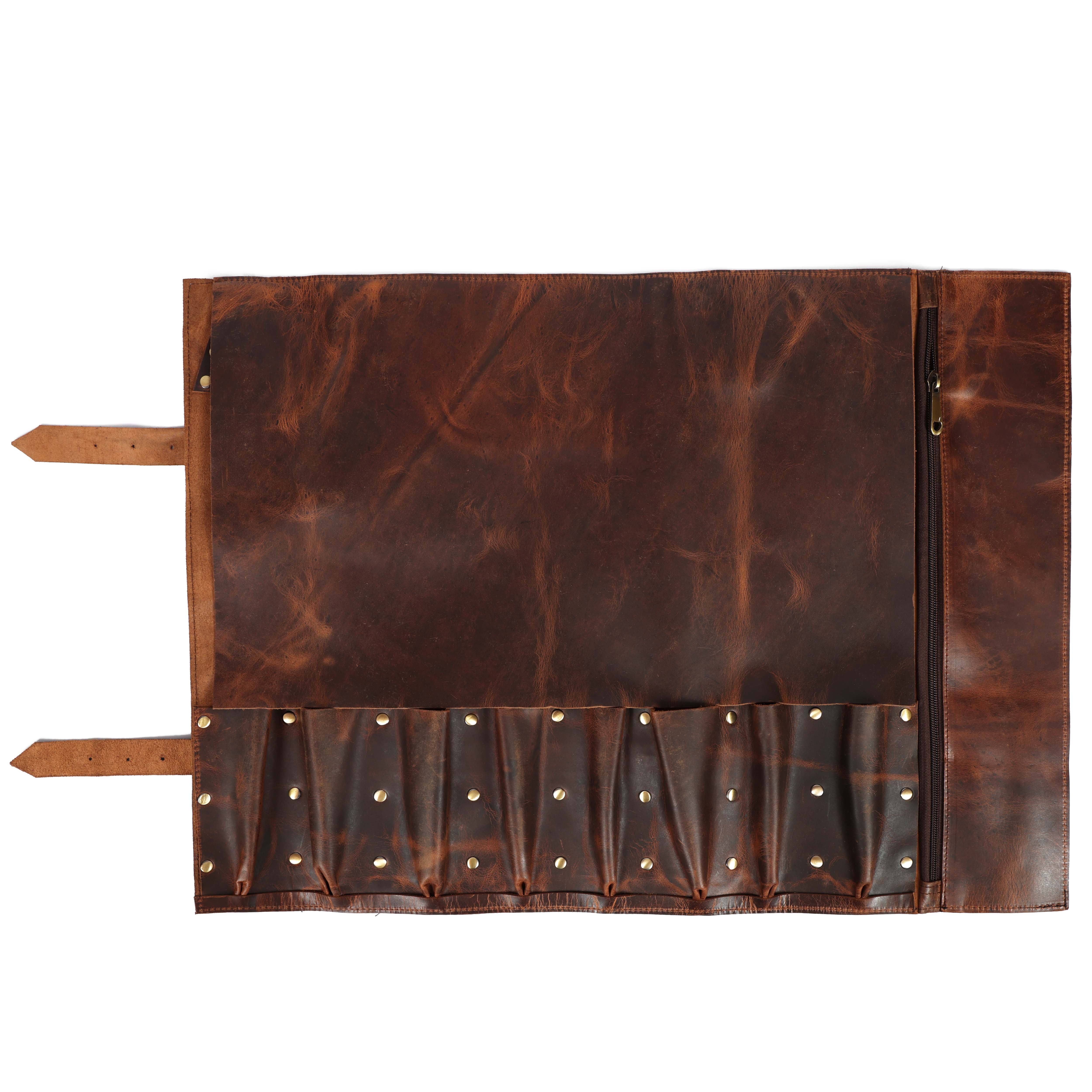 Handcrafted Vintage Brown Leather Knife Roll | Chef Tool Bag for Professionals