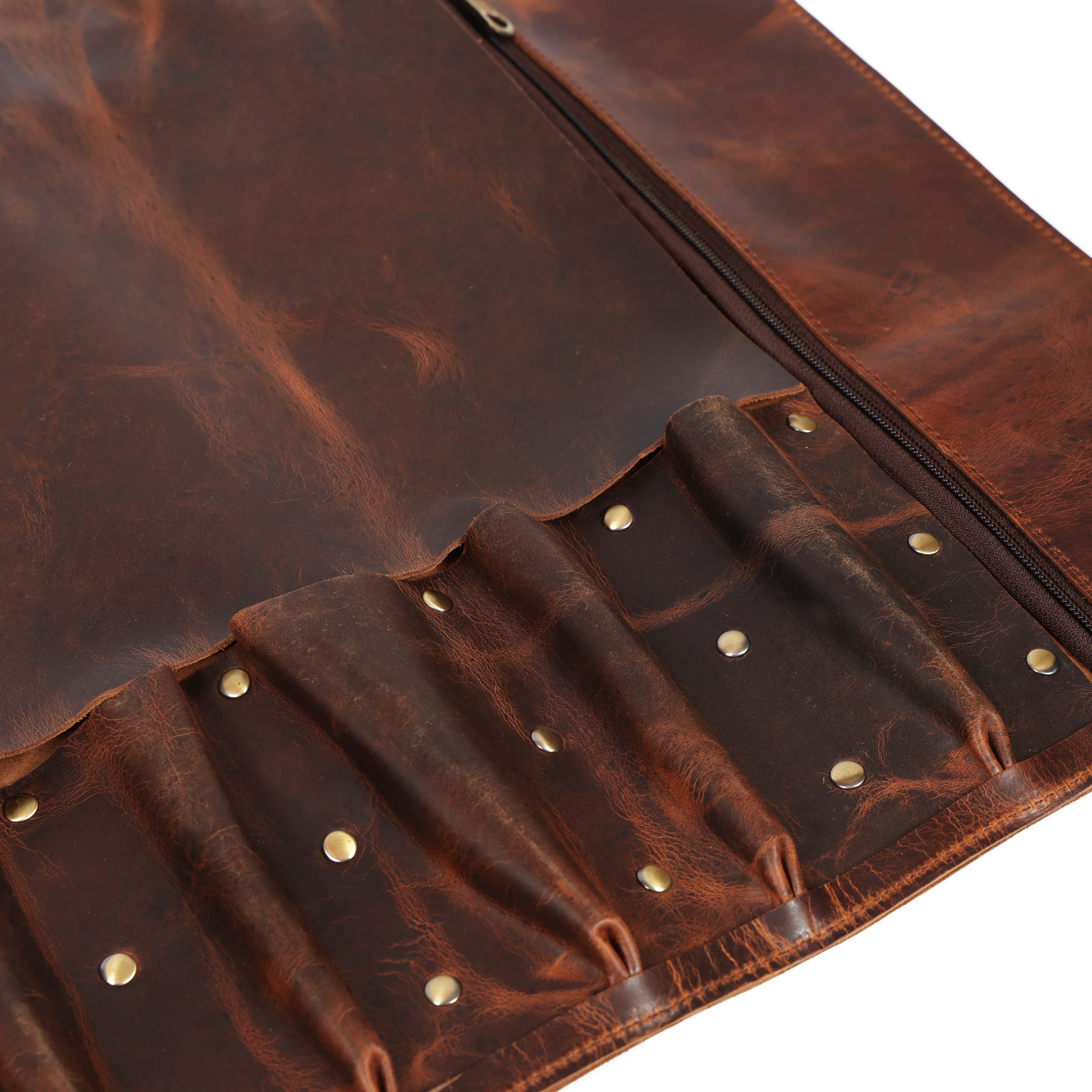 Handcrafted Vintage Brown Leather Knife Roll | Chef Tool Bag for Professionals