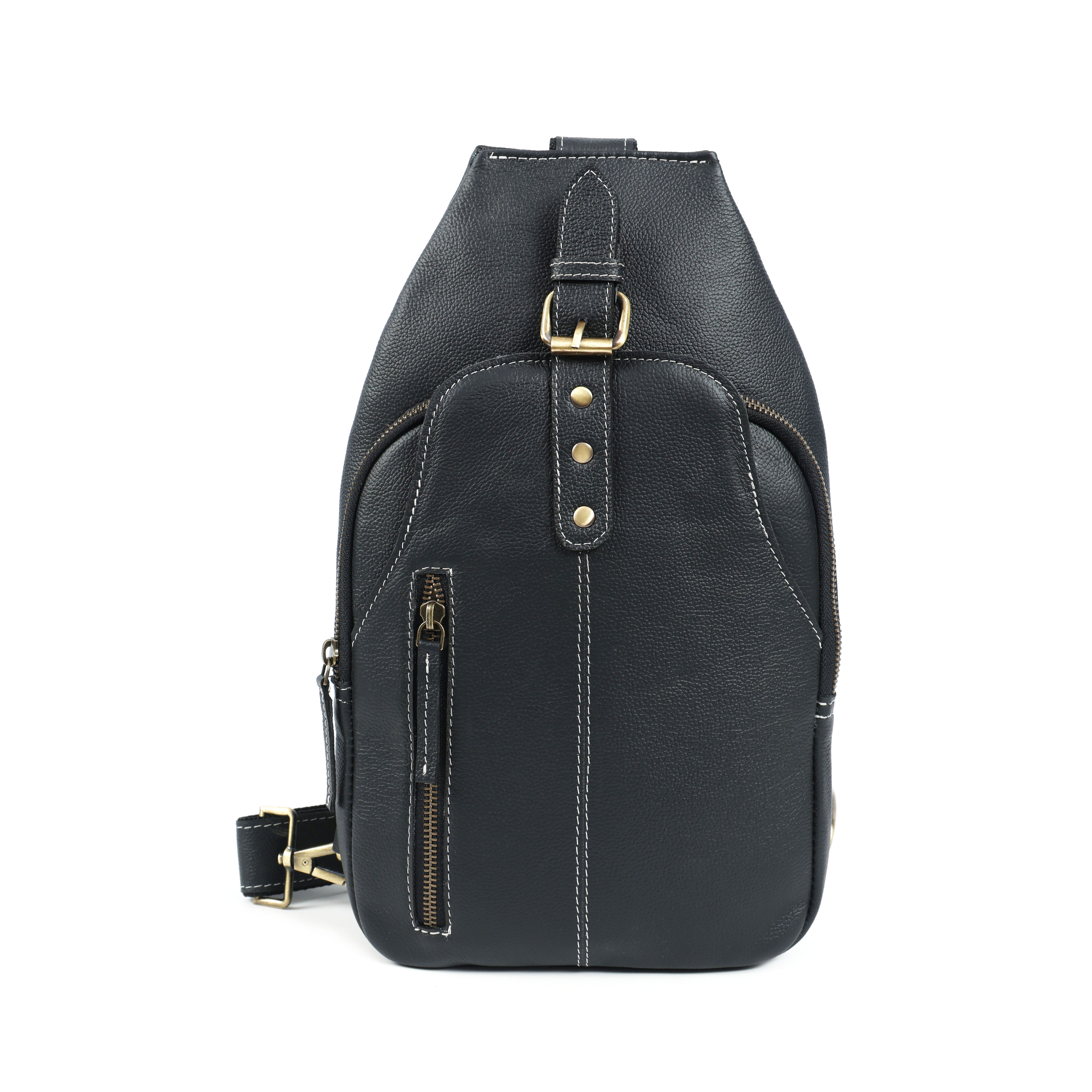 Unisex Leather Sling Bag Black Crossbody Backpack, Handmade Travel Chest Bag, Genuine Leather Shoulder Bag