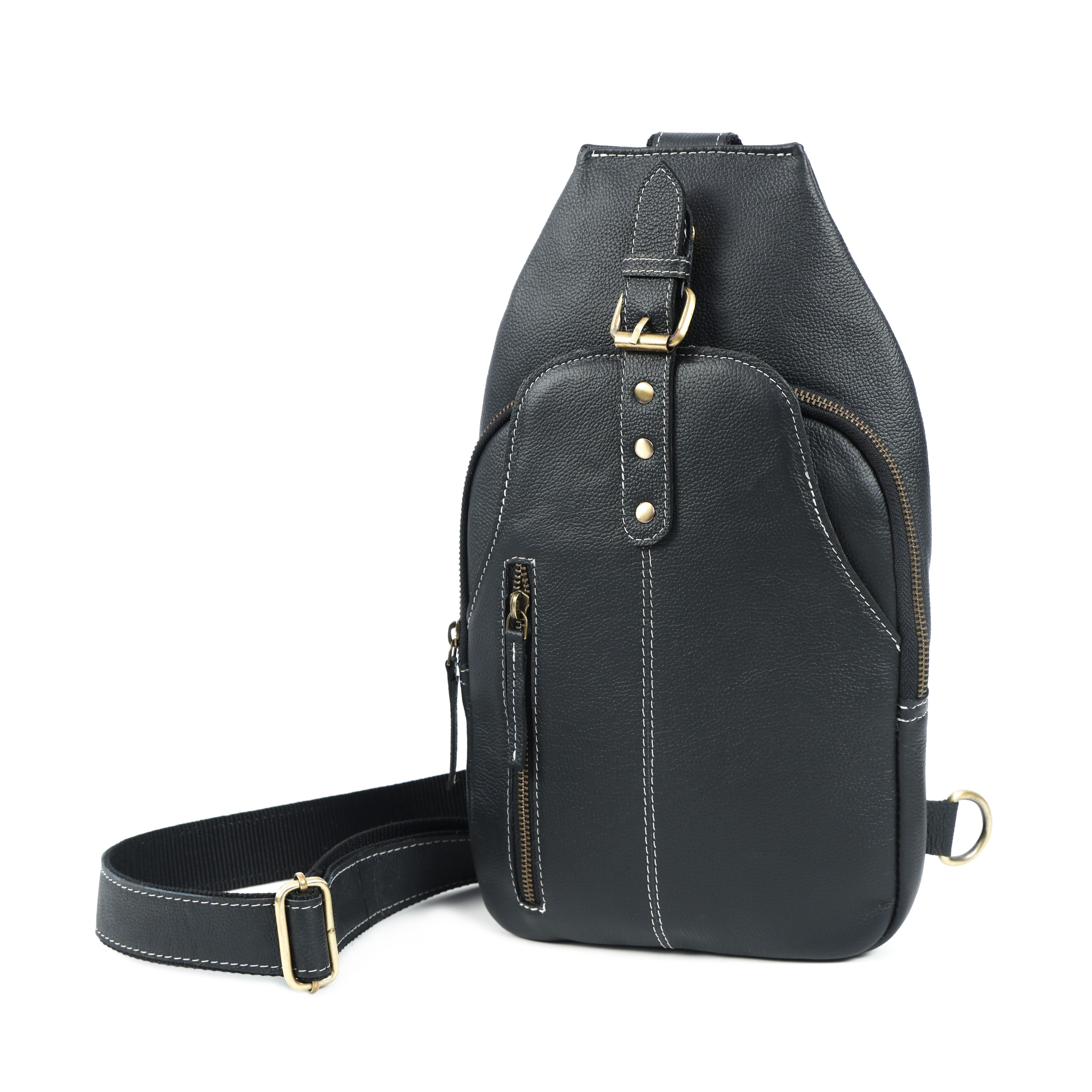 Unisex Leather Sling Bag Black Crossbody Backpack, Handmade Travel Chest Bag, Genuine Leather Shoulder Bag