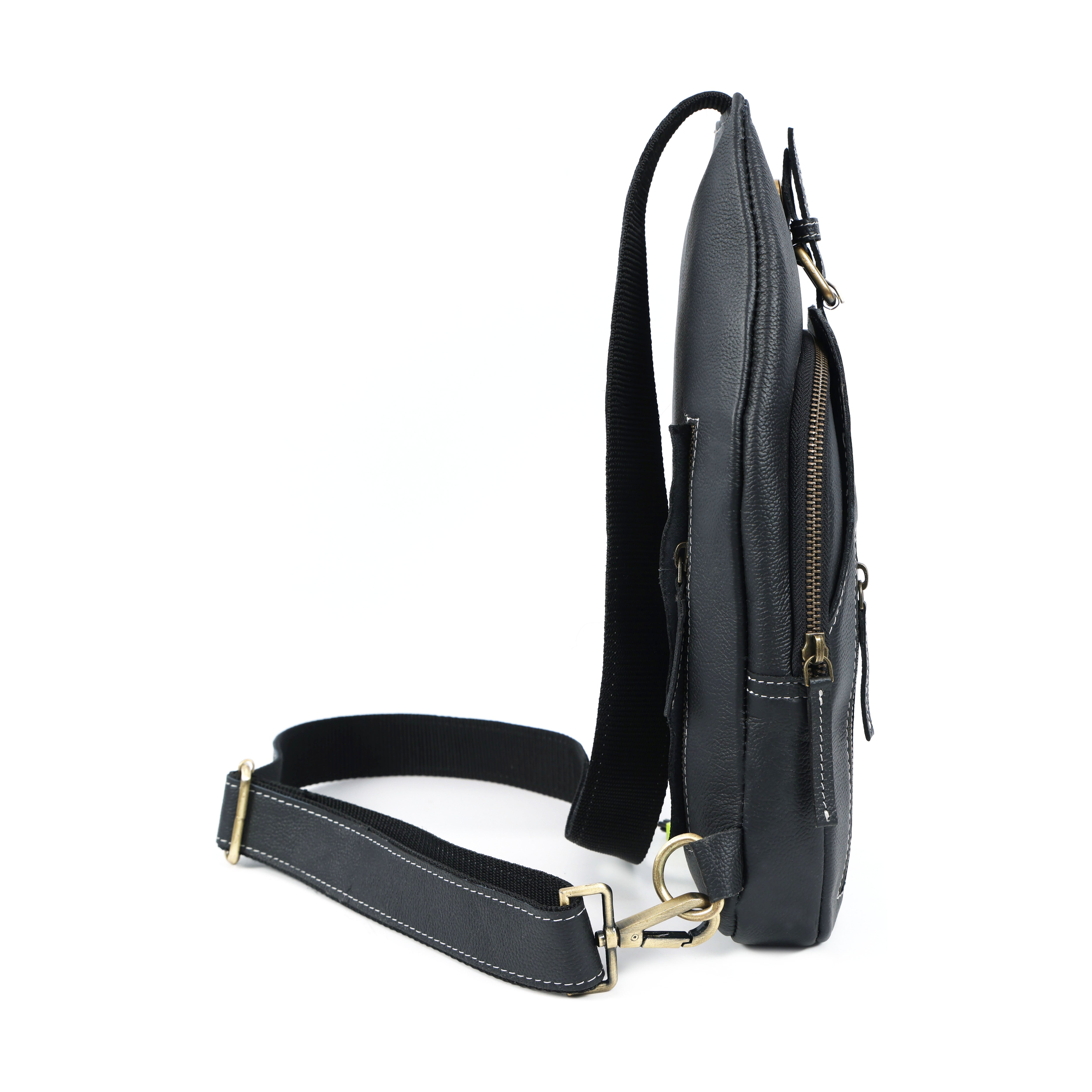 Unisex Leather Sling Bag Black Crossbody Backpack, Handmade Travel Chest Bag, Genuine Leather Shoulder Bag