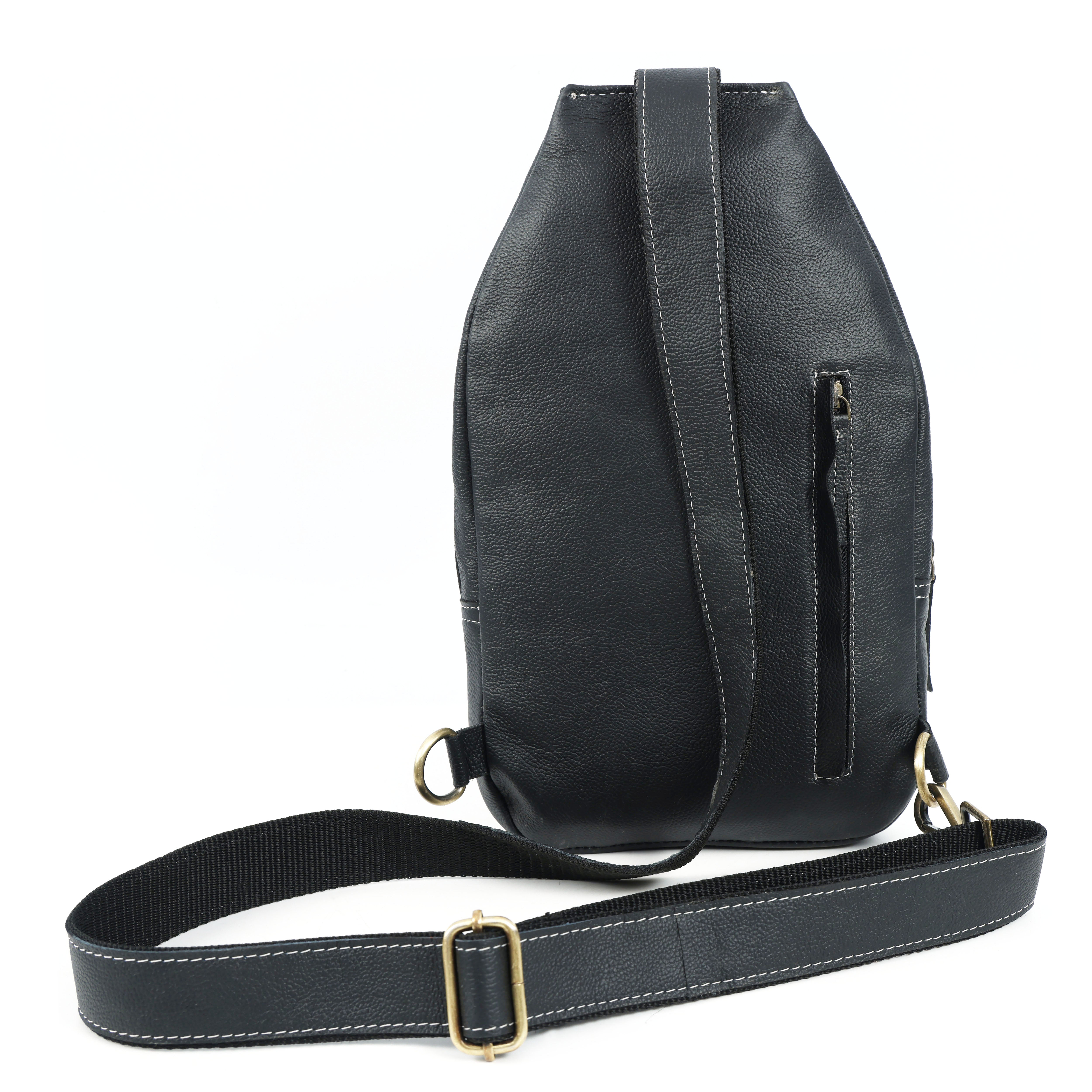 Unisex Leather Sling Bag Black Crossbody Backpack, Handmade Travel Chest Bag, Genuine Leather Shoulder Bag