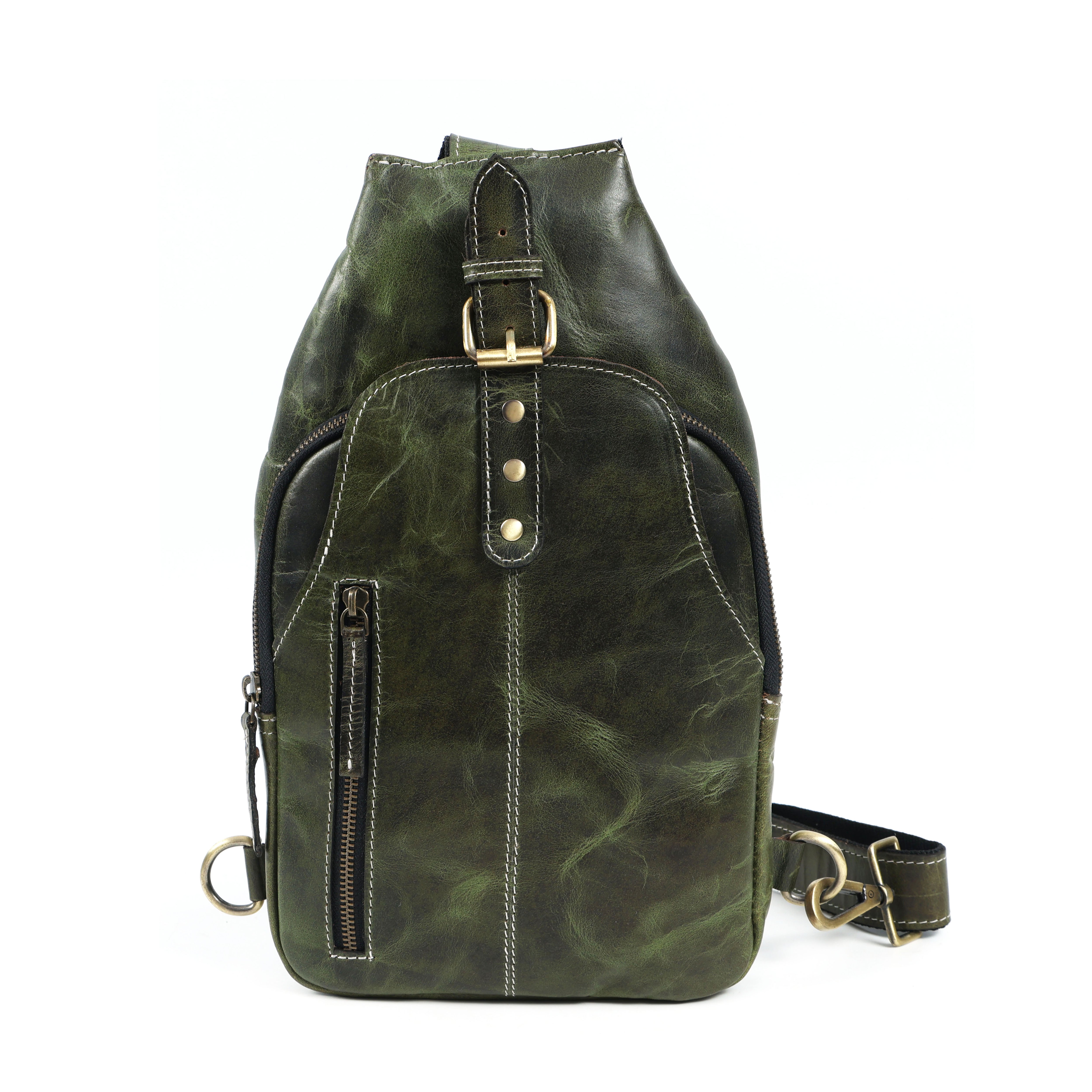 Unisex Leather Sling Bag Vintage Green Crossbody Backpack, Handmade Travel Chest Bag, Genuine Leather Shoulder Bag