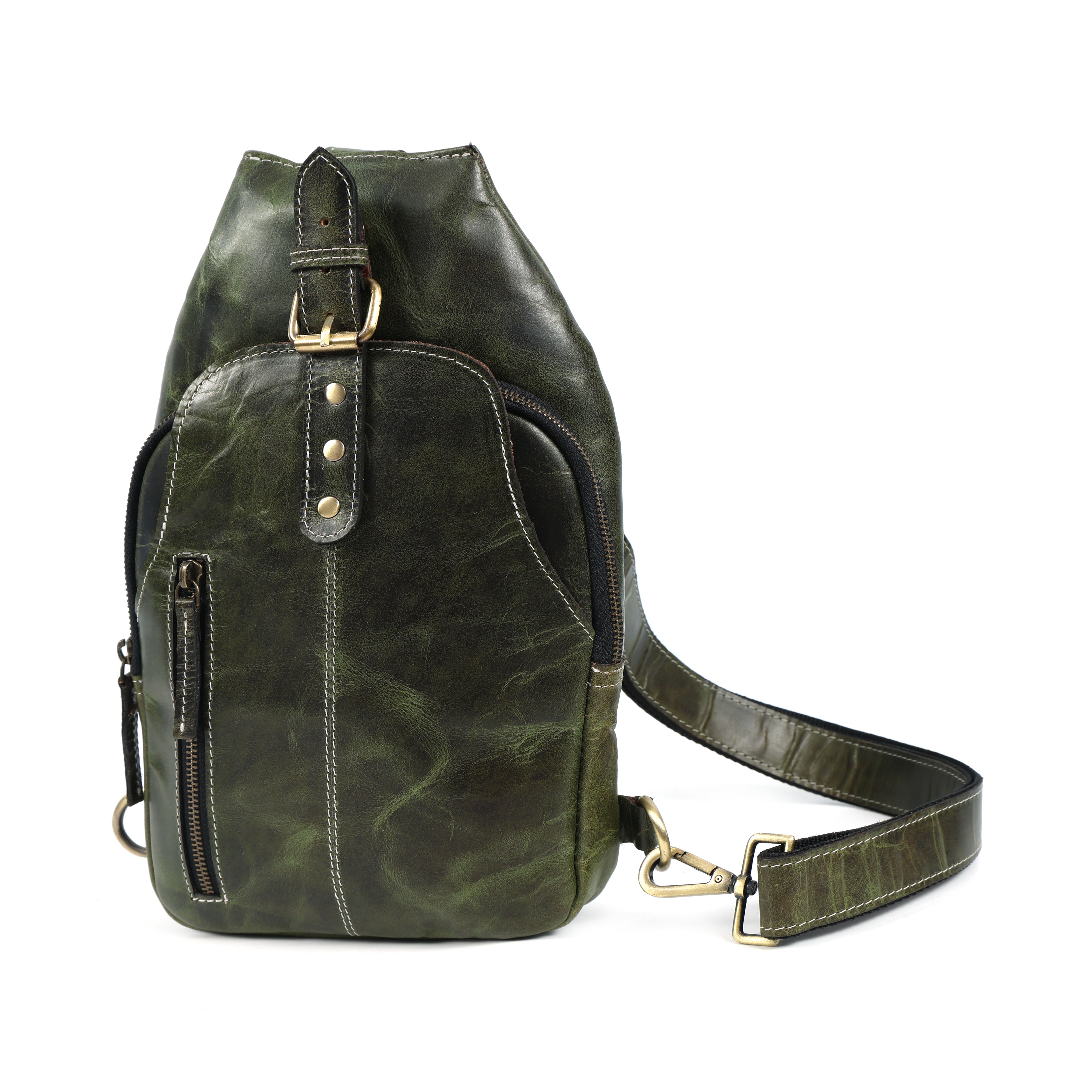 Unisex Leather Sling Bag Vintage Green Crossbody Backpack, Handmade Travel Chest Bag, Genuine Leather Shoulder Bag