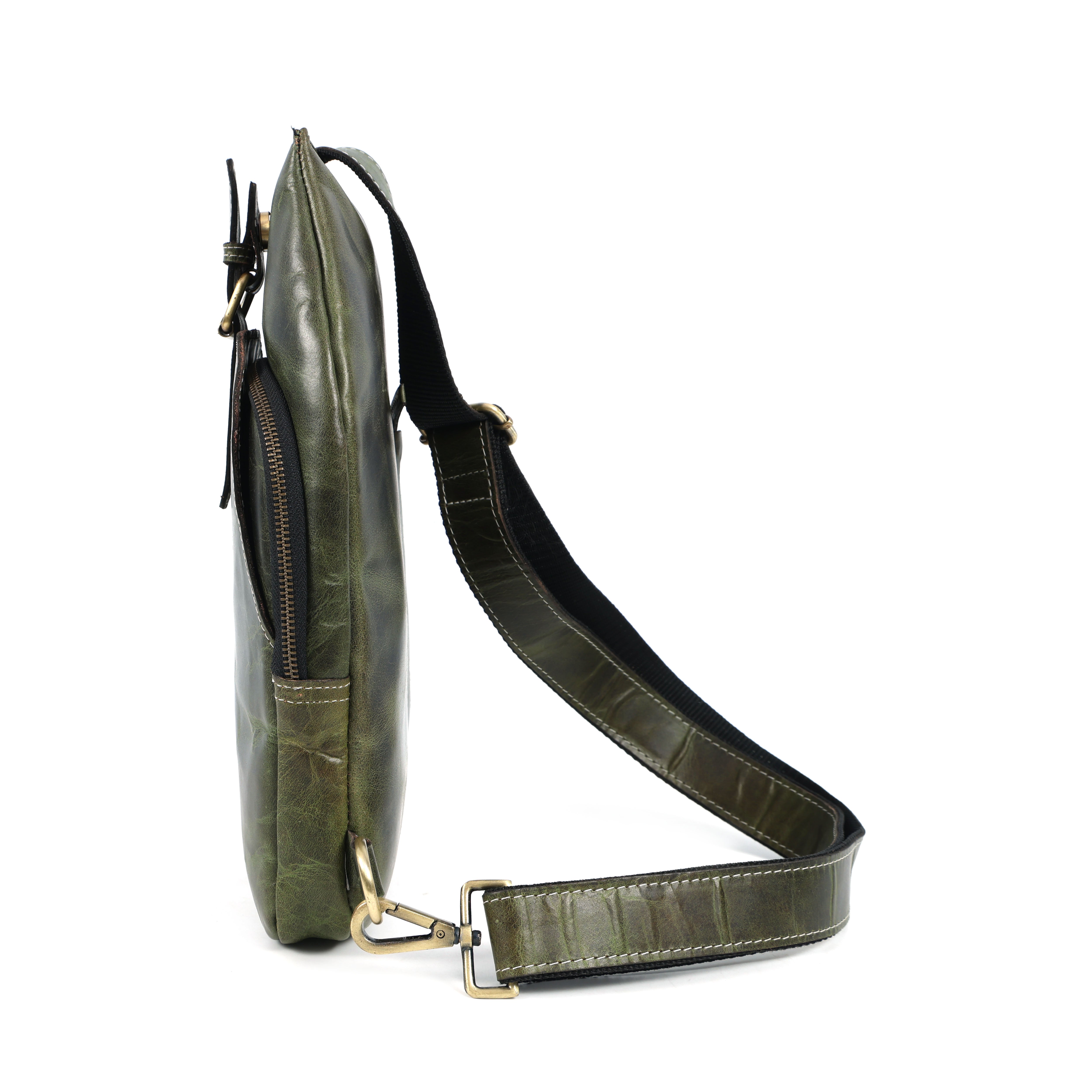 Unisex Leather Sling Bag Vintage Green Crossbody Backpack, Handmade Travel Chest Bag, Genuine Leather Shoulder Bag