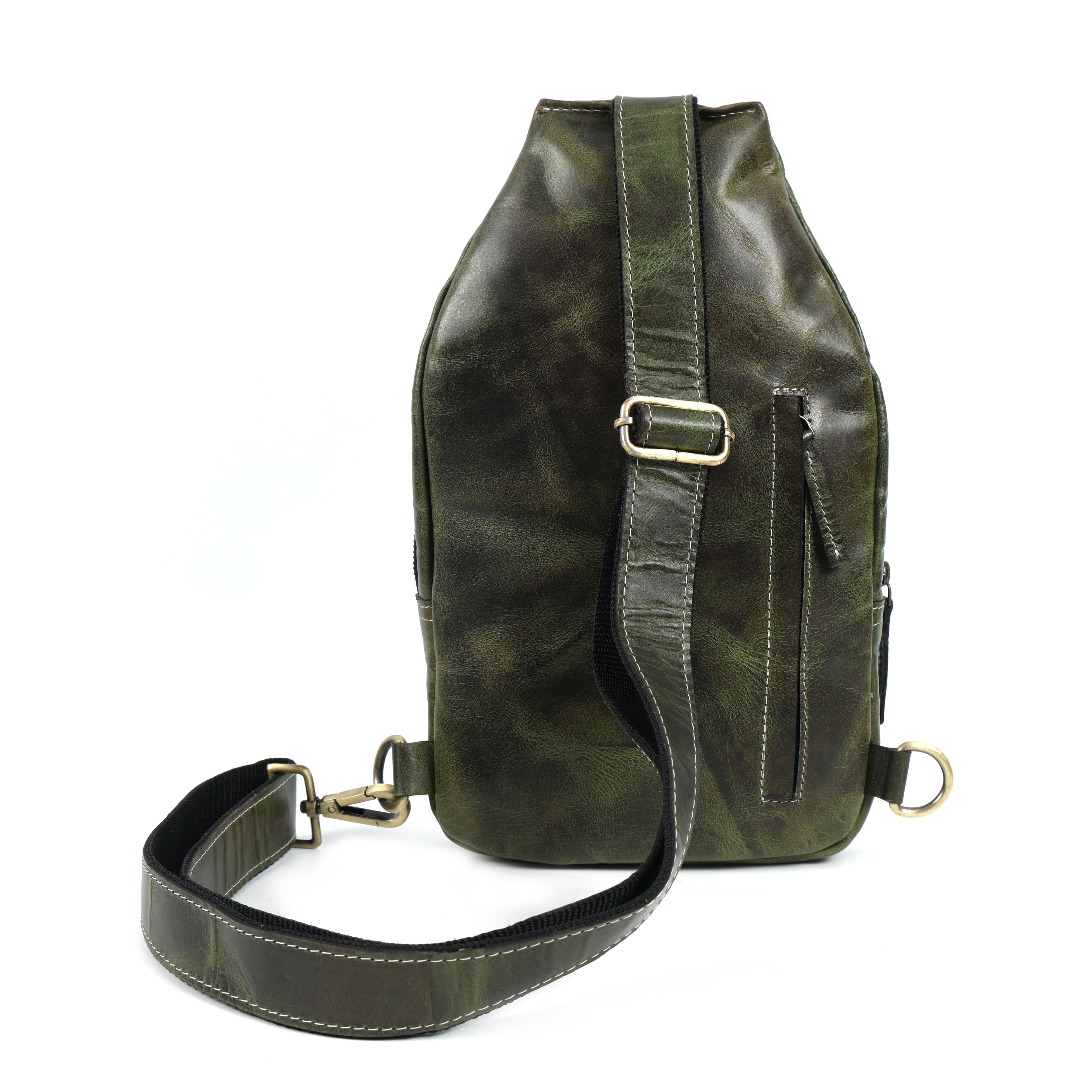 Unisex Leather Sling Bag Vintage Green Crossbody Backpack, Handmade Travel Chest Bag, Genuine Leather Shoulder Bag