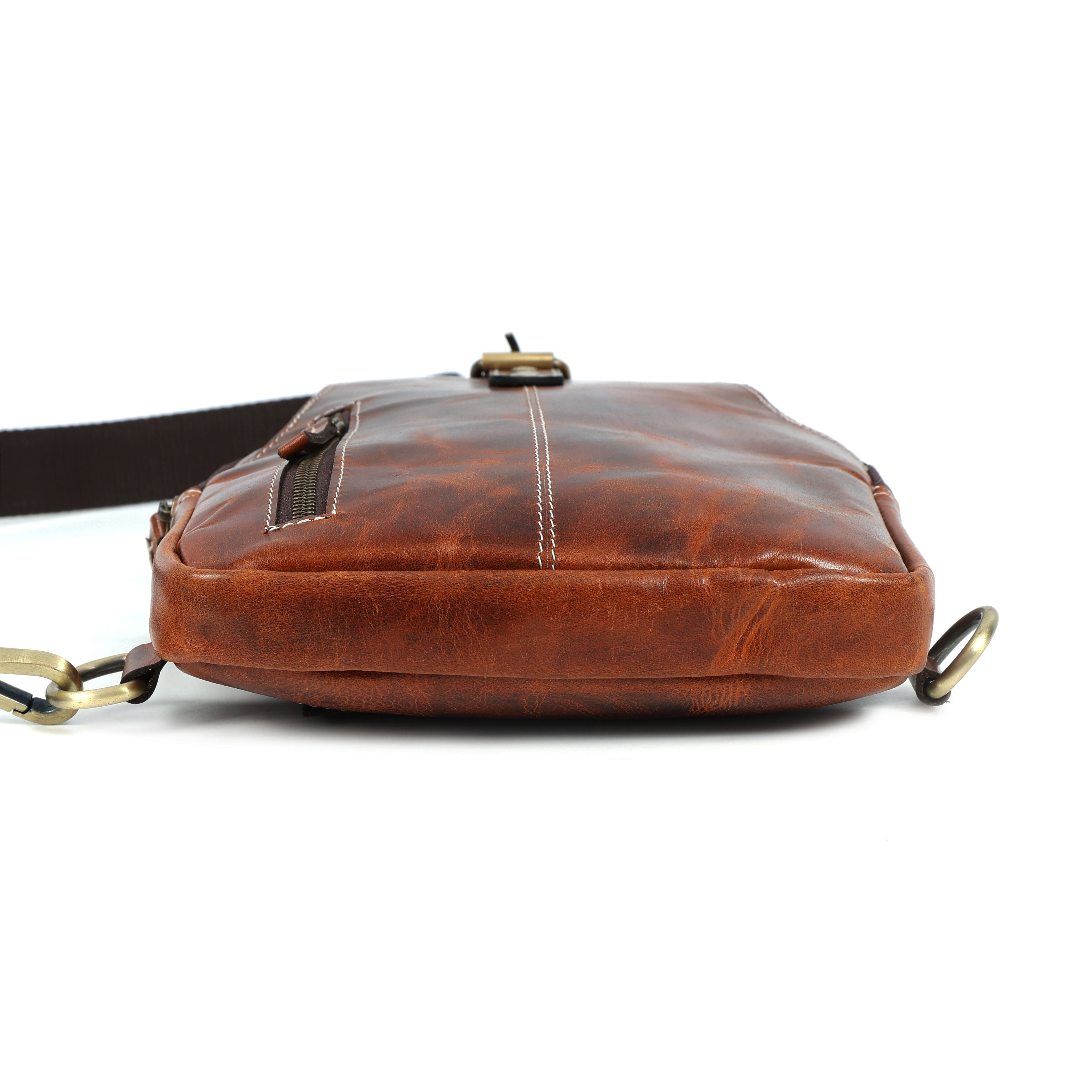 Unisex Leather Sling Bag Vintage Brown Crossbody Backpack, Handmade Travel Chest Bag, Genuine Leather Shoulder Bag