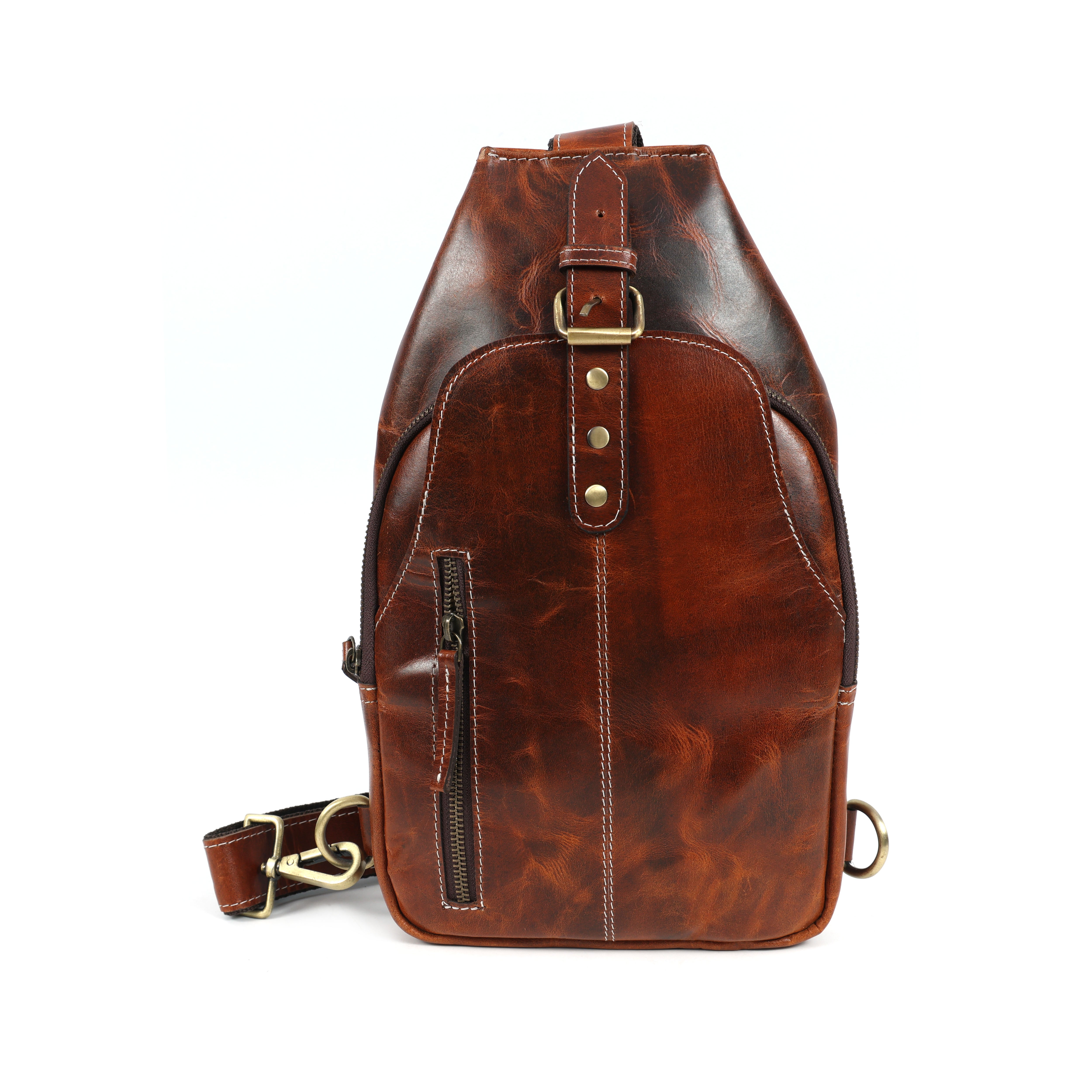Unisex Leather Sling Bag Vintage Brown Crossbody Backpack, Handmade Travel Chest Bag, Genuine Leather Shoulder Bag