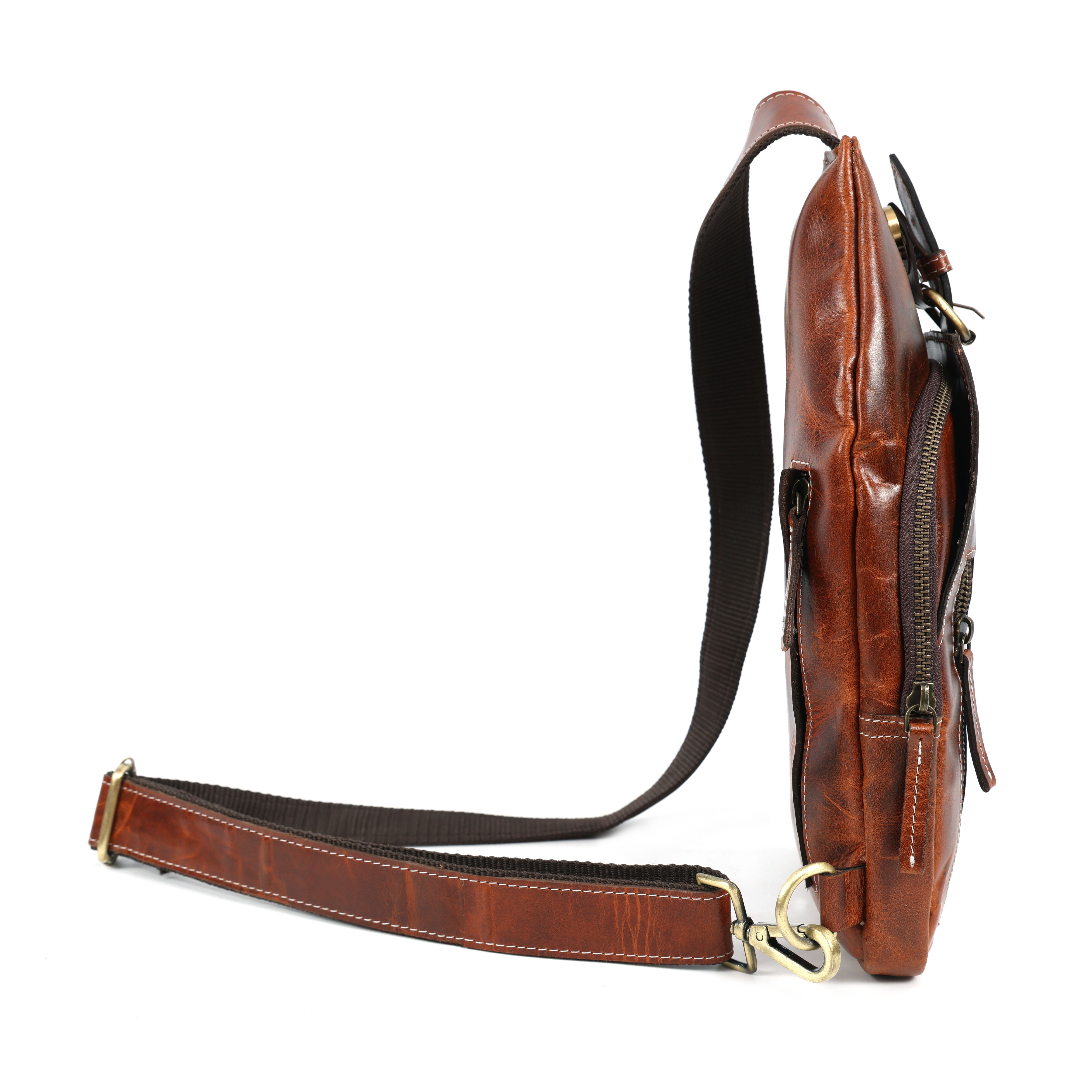Unisex Leather Sling Bag Vintage Brown Crossbody Backpack, Handmade Travel Chest Bag, Genuine Leather Shoulder Bag