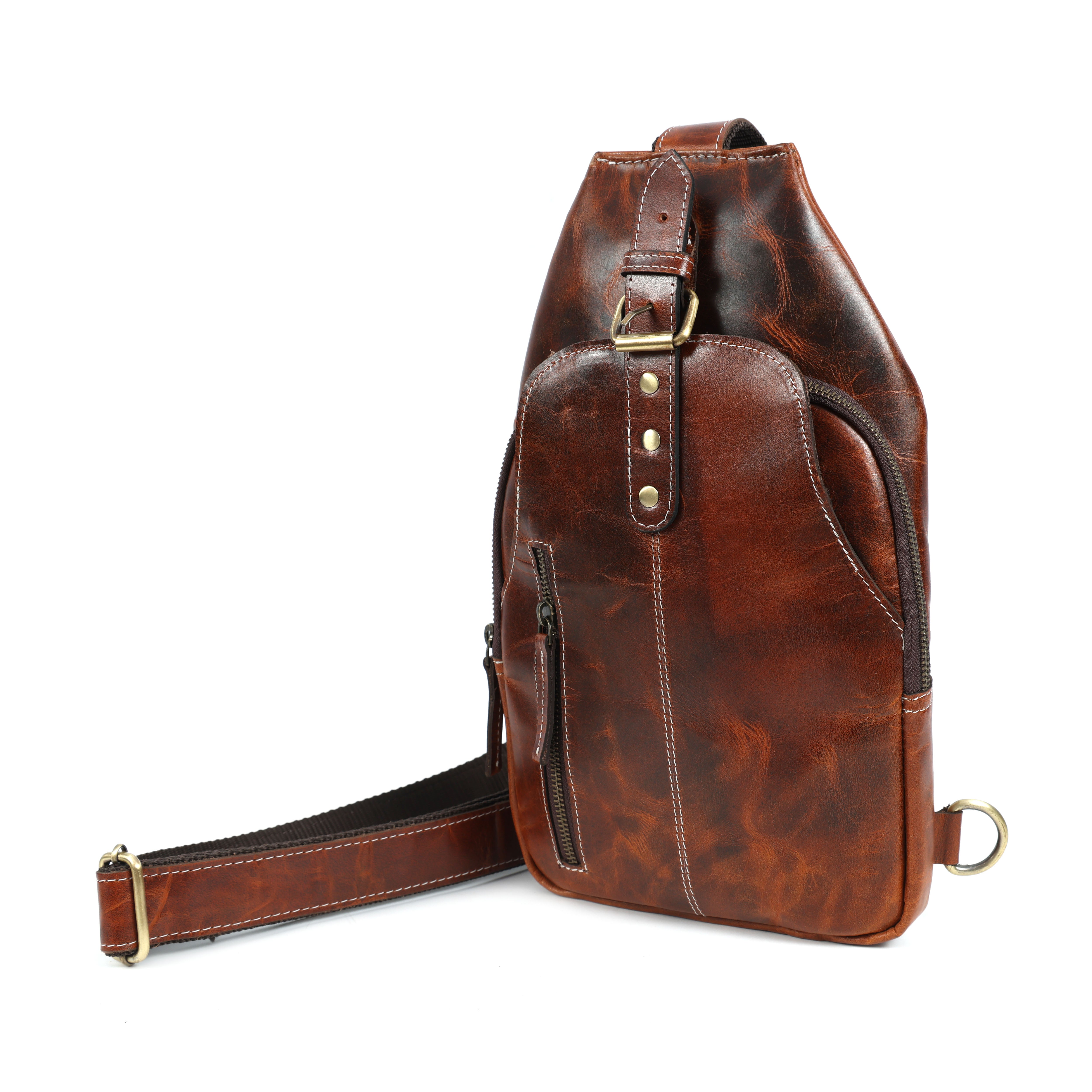 Unisex Leather Sling Bag Vintage Brown Crossbody Backpack, Handmade Travel Chest Bag, Genuine Leather Shoulder Bag