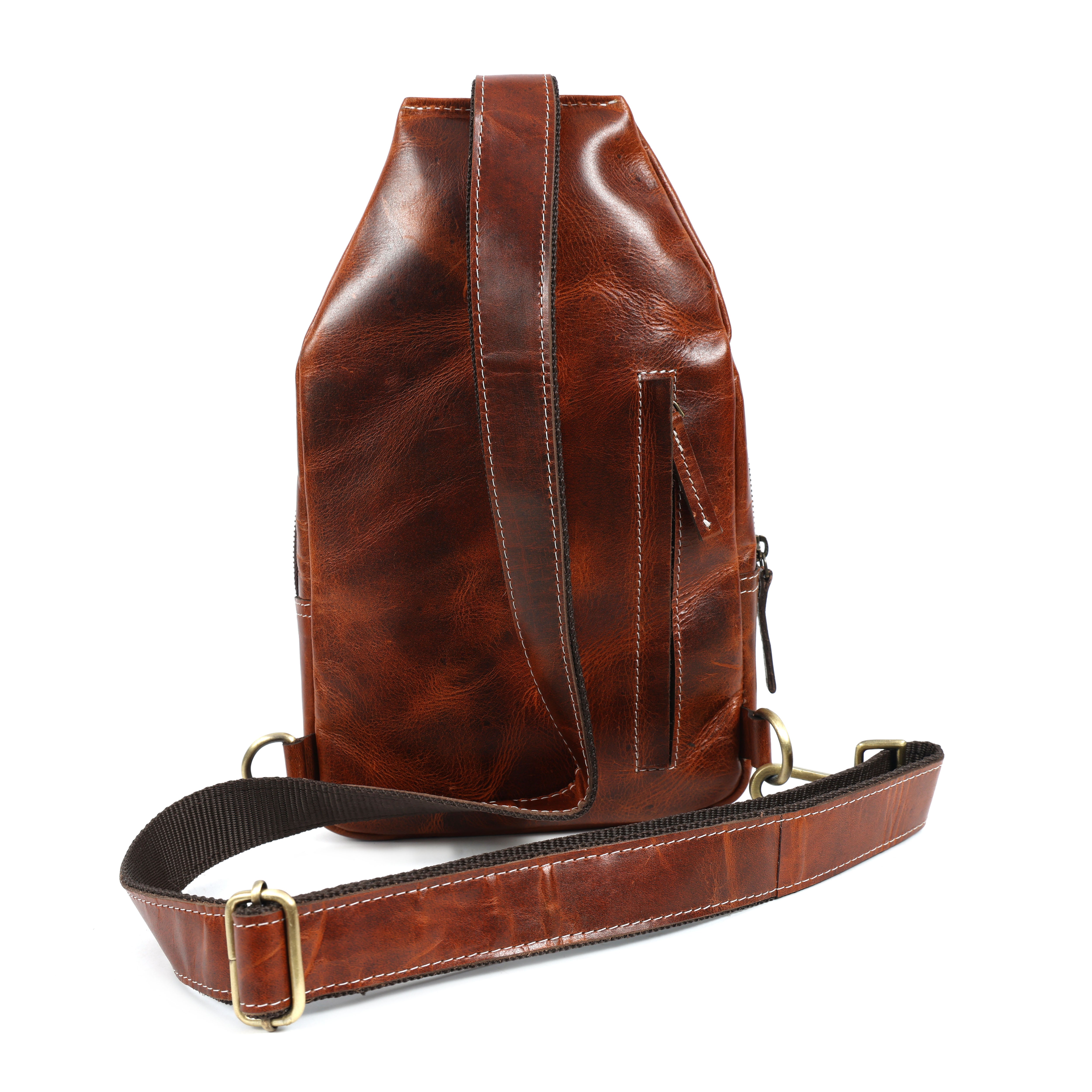 Unisex Leather Sling Bag Vintage Brown Crossbody Backpack, Handmade Travel Chest Bag, Genuine Leather Shoulder Bag