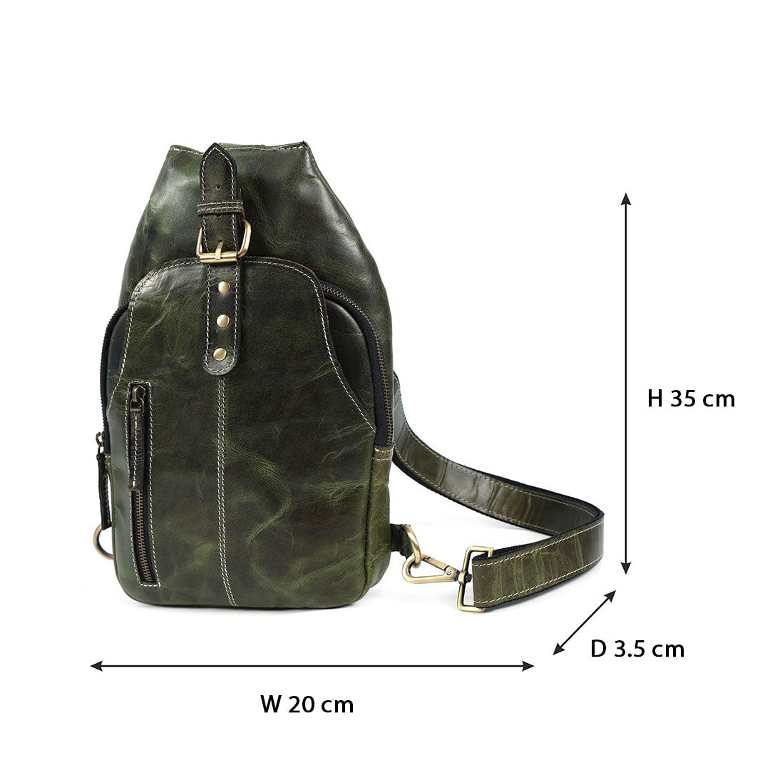 Unisex Leather Sling Bag Vintage Green Crossbody Backpack, Handmade Travel Chest Bag, Genuine Leather Shoulder Bag