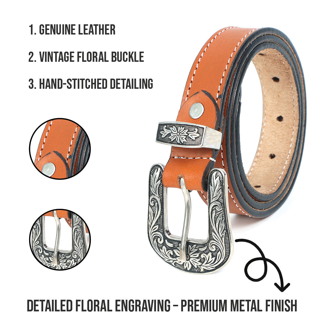 Unisex Genuine Leather Cowboy Cowgirl Belt Western Vintage Engraved Buckle Belt Stylish Casual & Party Wear Belt