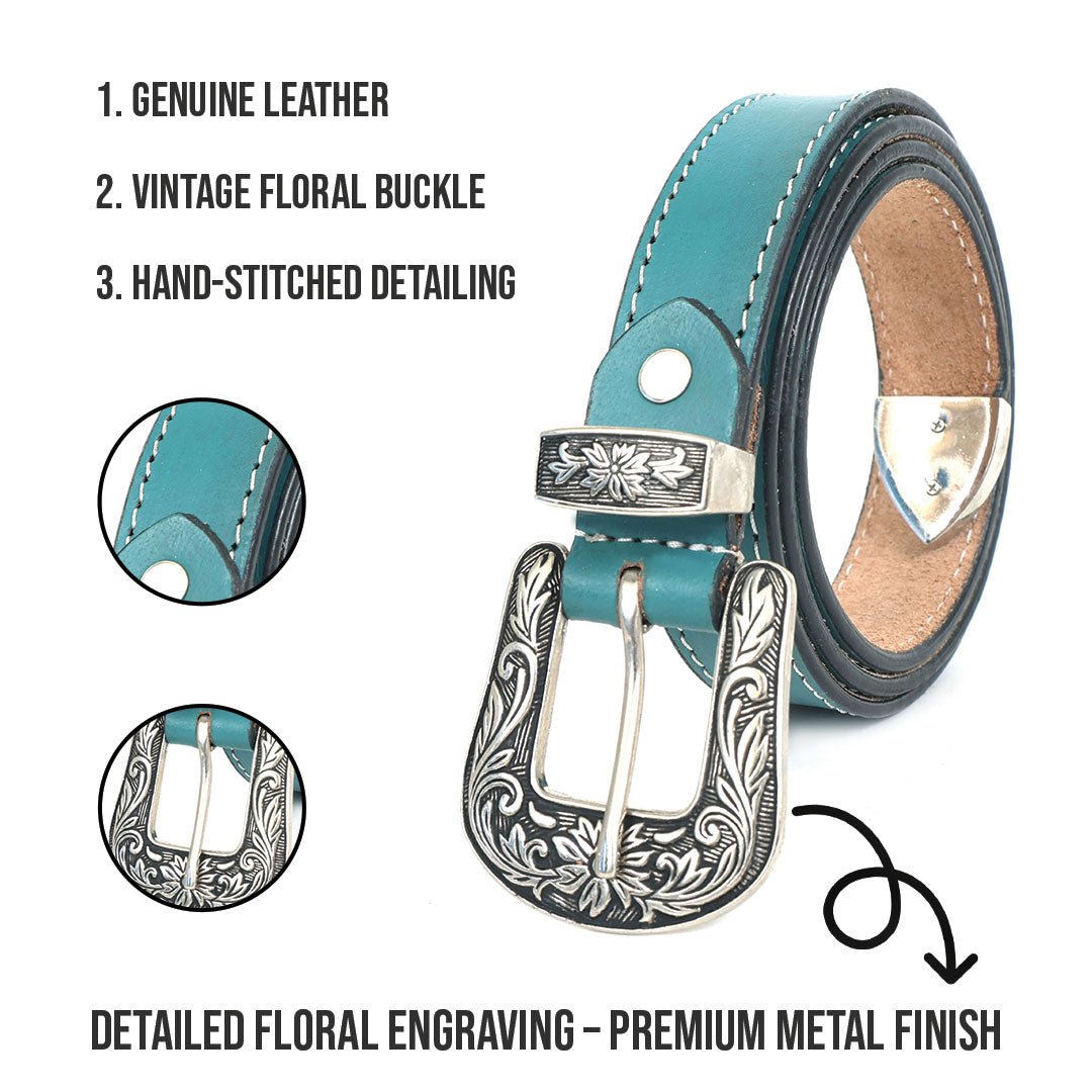 Handmade Leather Western Belt | Vintage Floral  Engraved Buckle Cowboy, Cowgirl Belt | Rustic Country Style  Belt for Men Women