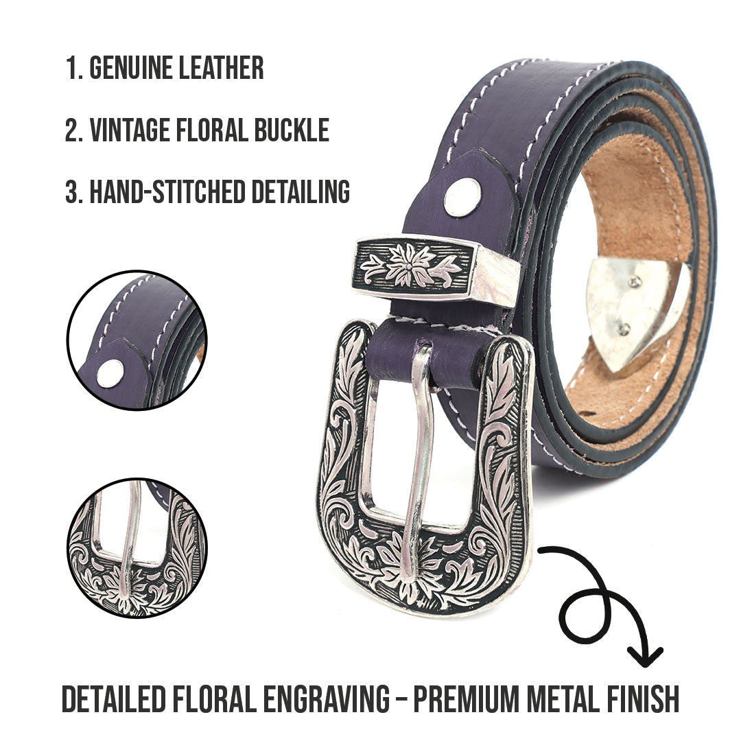 Handmade Leather Western Belt | Vintage Floral  Engraved Buckle Cowboy, Cowgirl Belt | Rustic Country Style  Belt for Men Women