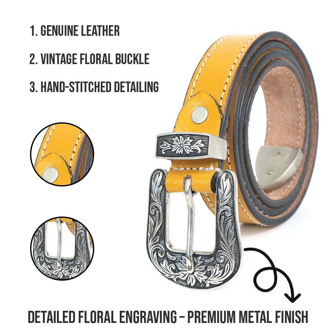 Handmade Leather Western Belt | Vintage Floral  Engraved Buckle Cowboy, Cowgirl Belt | Rustic Country Style  Belt for Men Women