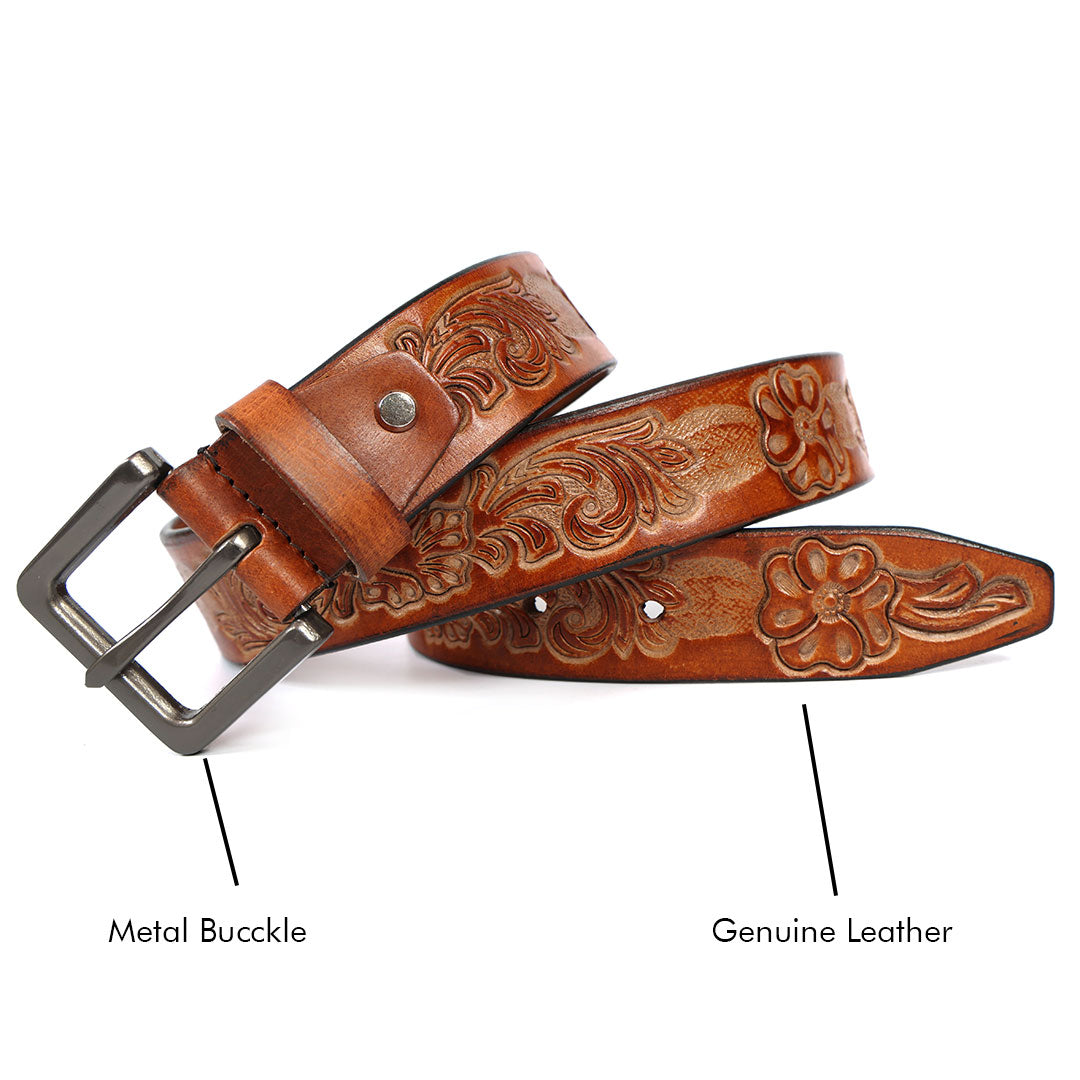 Brand New Handmade Genuine Leather Belt for Men |  Western Floral Embossed Design | Vintage Leather Belt
