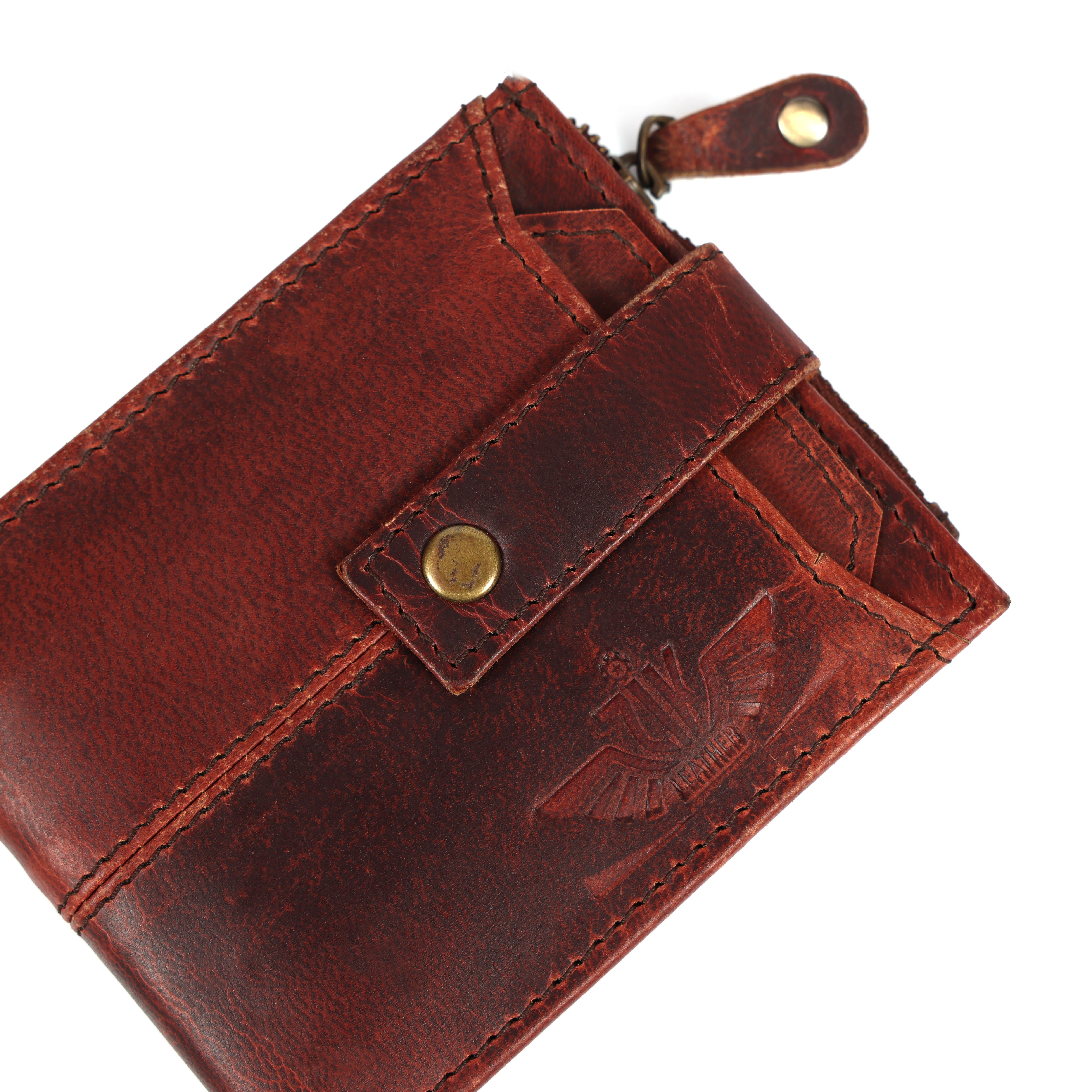 Handmade Vintage Brown Leather Wallet for Men | Classic Trifold Wallet with Snap Closure & Zip Pocket