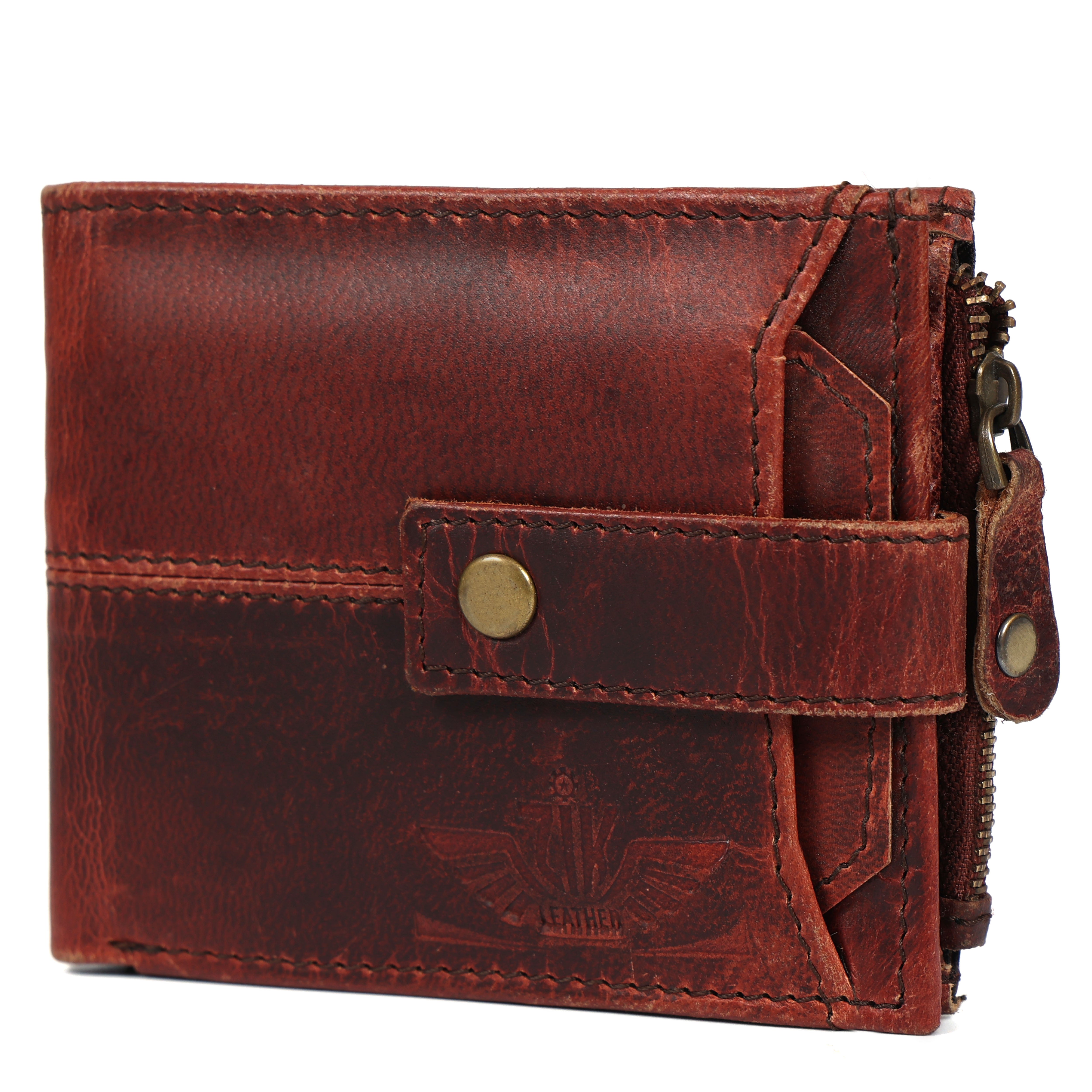 Handmade Vintage Brown Leather Wallet for Men | Classic Trifold Wallet with Snap Closure & Zip Pocket