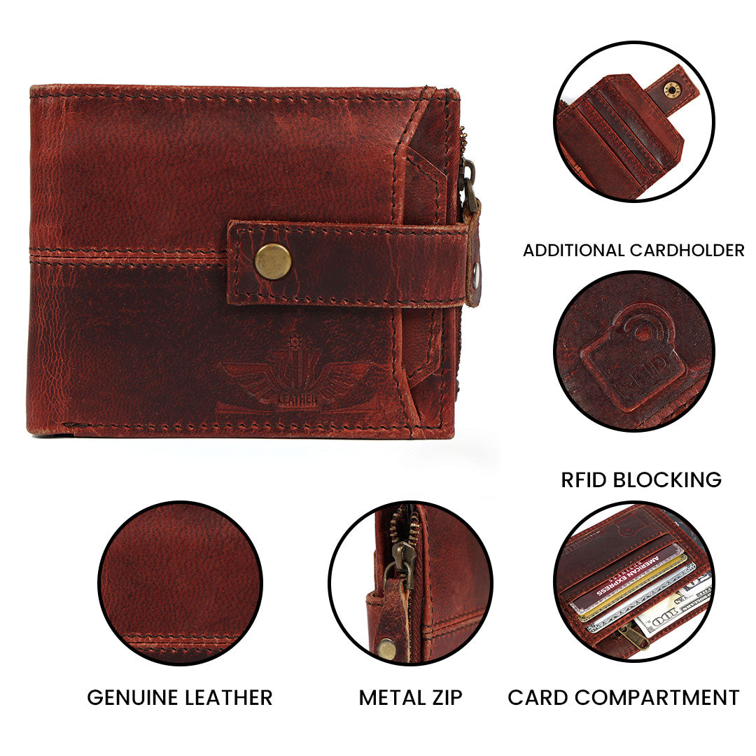 Handmade Vintage Brown Leather Wallet for Men | Classic Trifold Wallet with Snap Closure & Zip Pocket