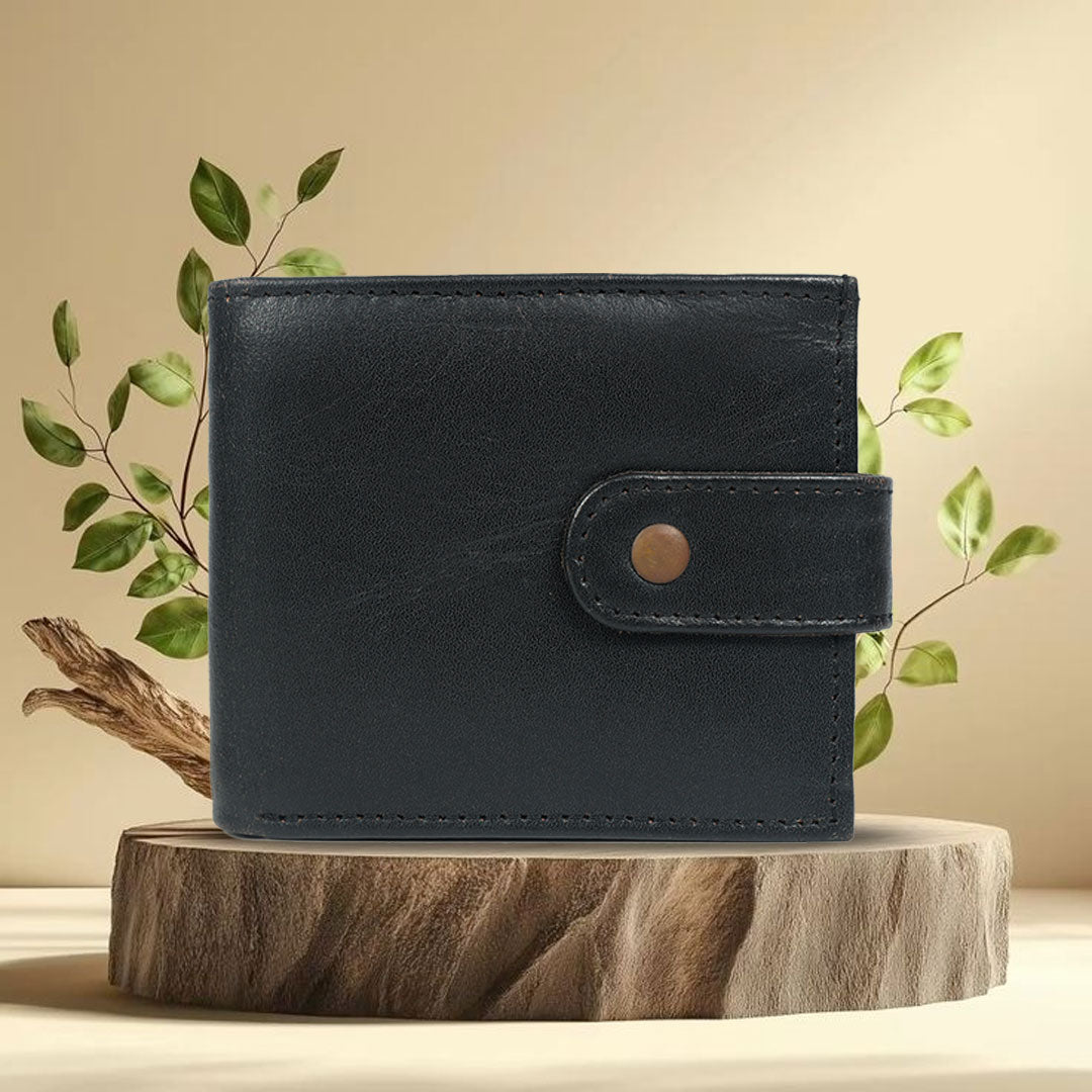 Genuine Leather Men’s Wallet – Black Bifold with Coin Pocket & Button Strap