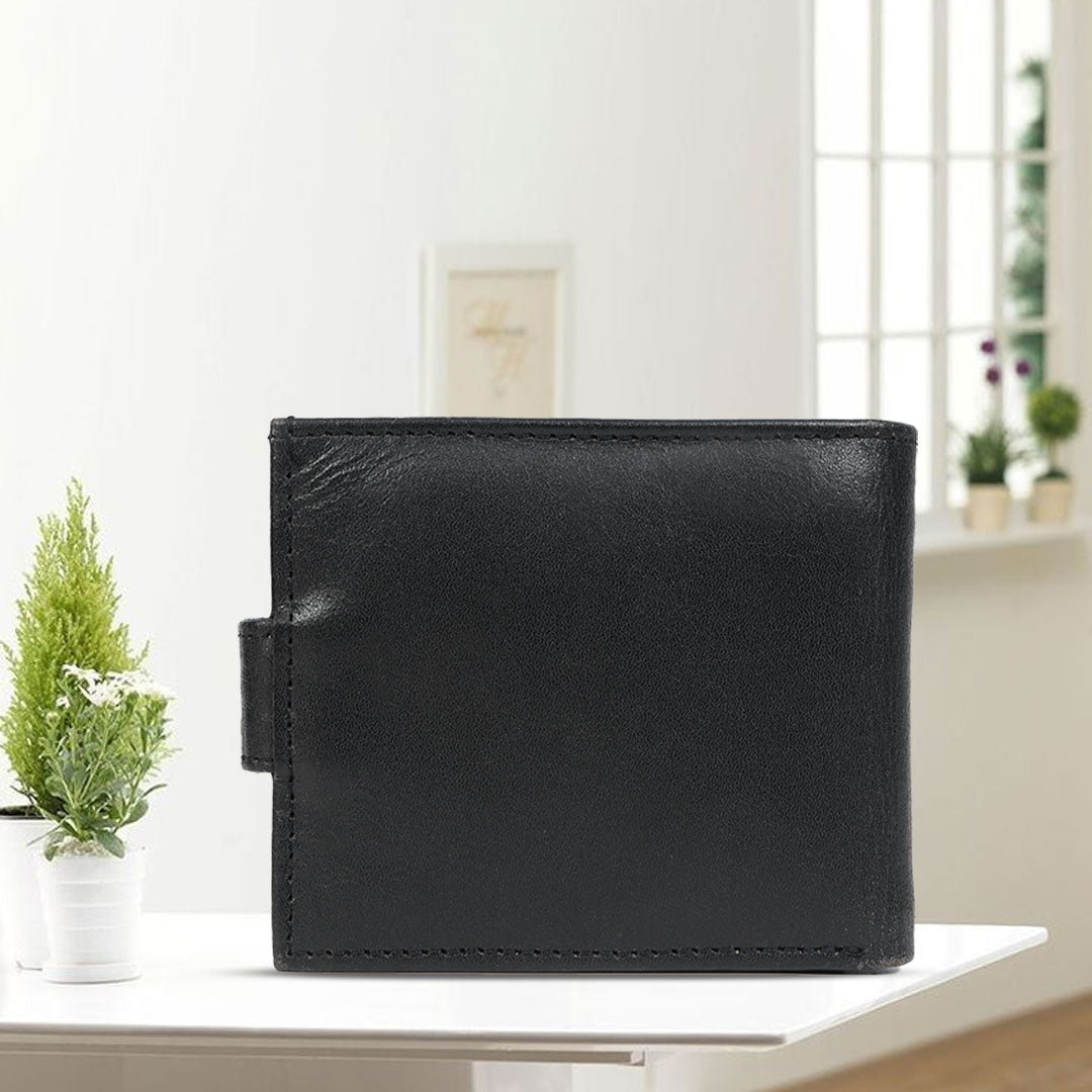Genuine Leather Men’s Wallet – Black Bifold with Coin Pocket & Button Strap