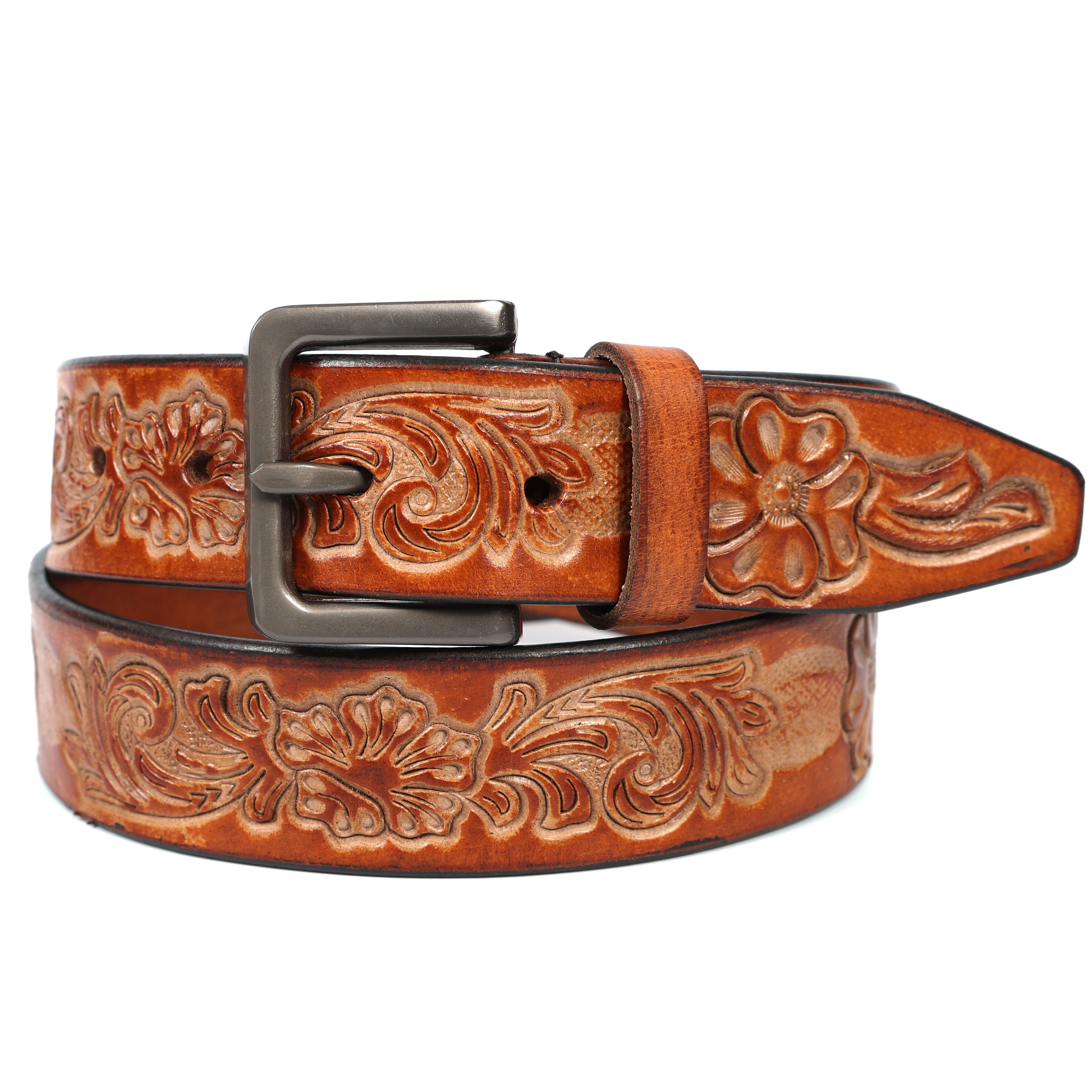 Brand New Handmade Genuine Leather Belt for Men |  Western Floral Embossed Design | Vintage Leather Belt