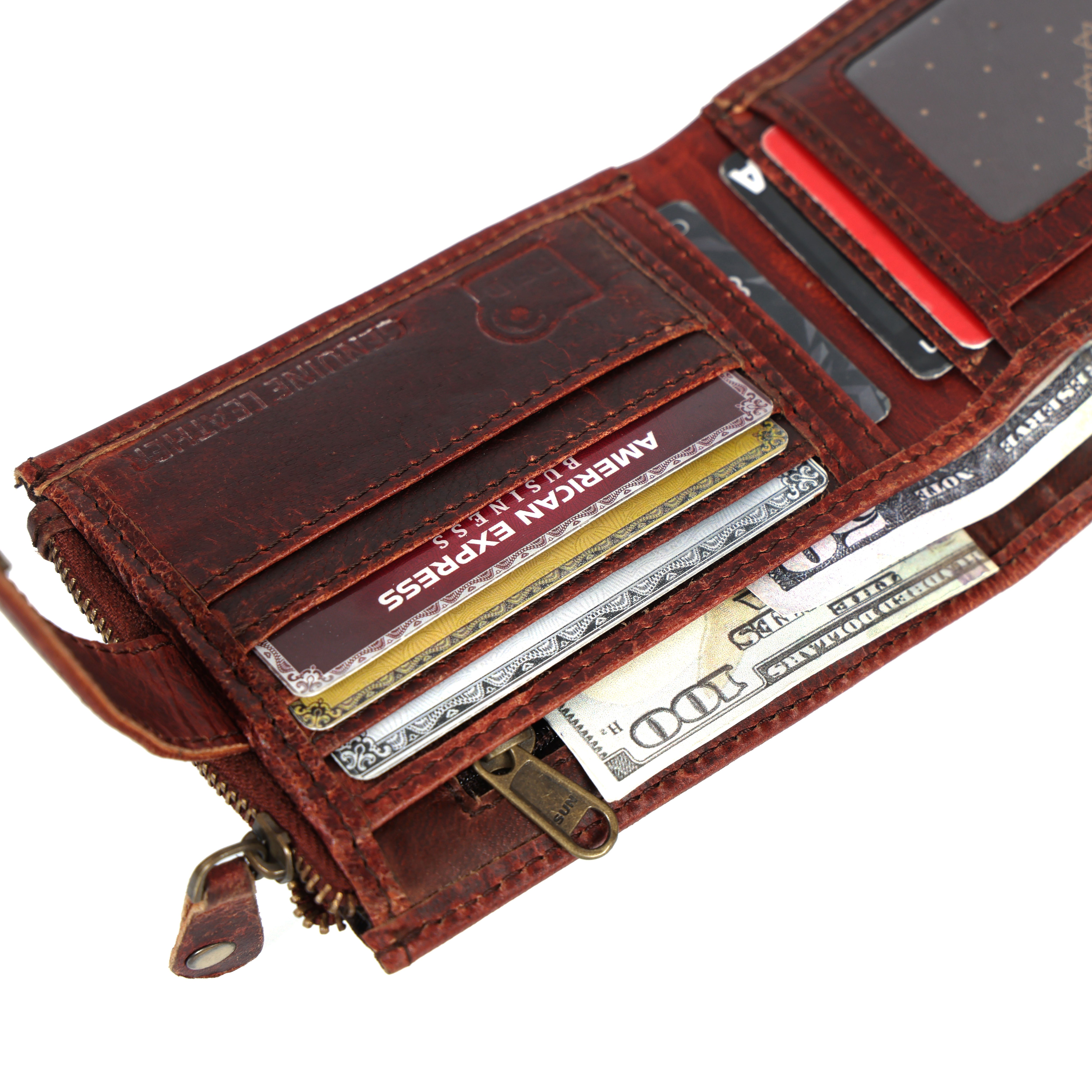 Handmade Vintage Brown Leather Wallet for Men | Classic Trifold Wallet with Snap Closure & Zip Pocket