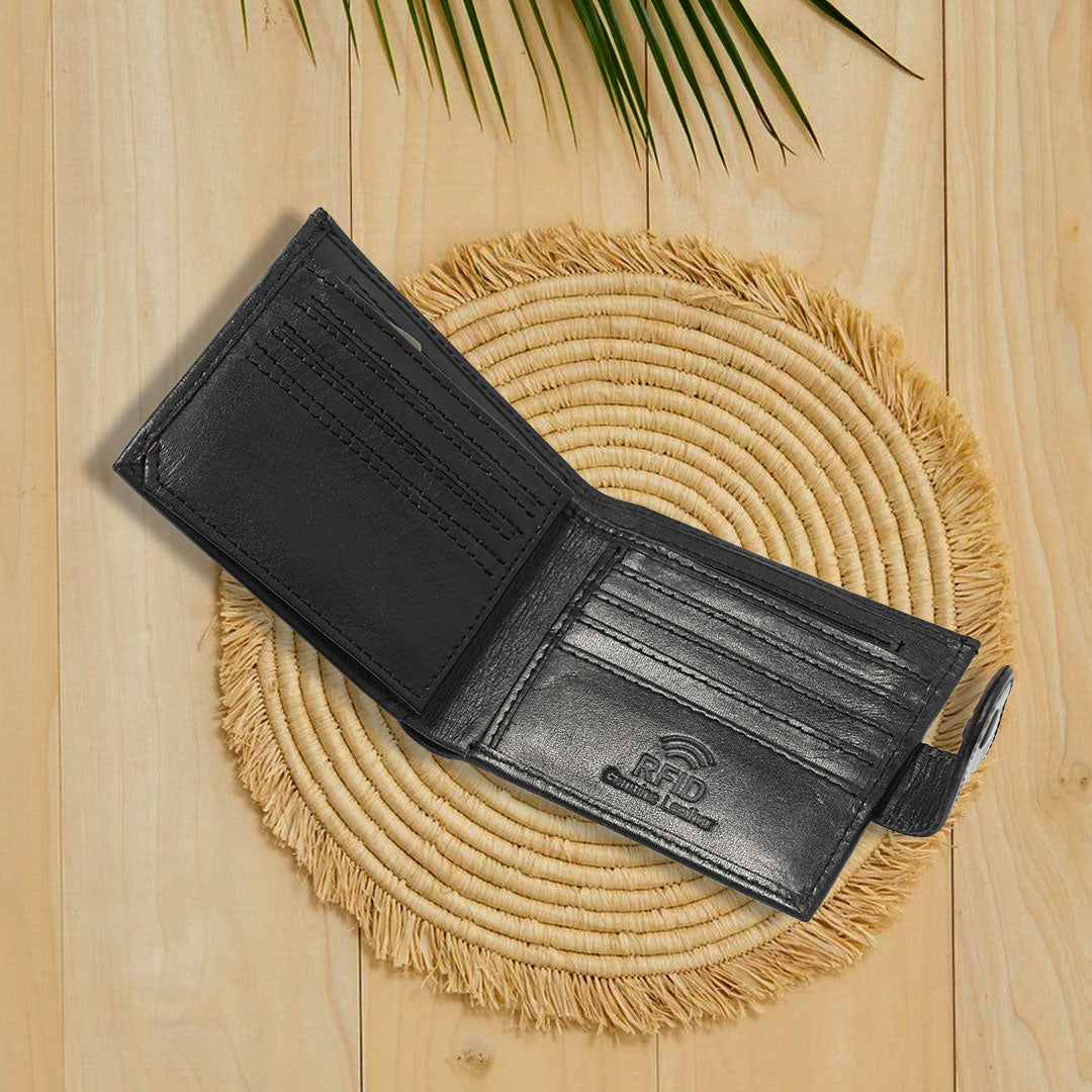 Genuine Leather Men’s Wallet – Black Bifold with Coin Pocket & Button Strap