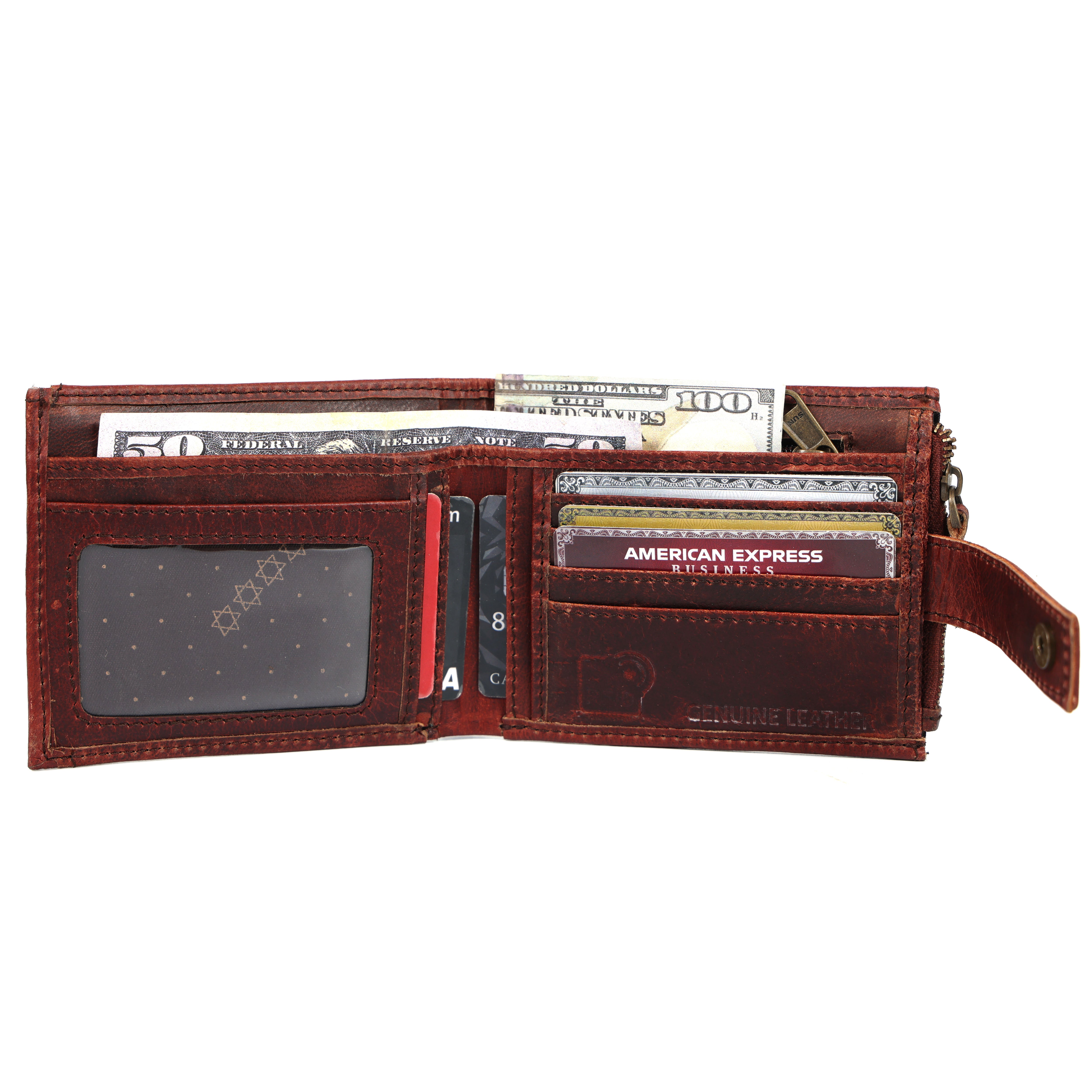 Handmade Vintage Brown Leather Wallet for Men | Classic Trifold Wallet with Snap Closure & Zip Pocket