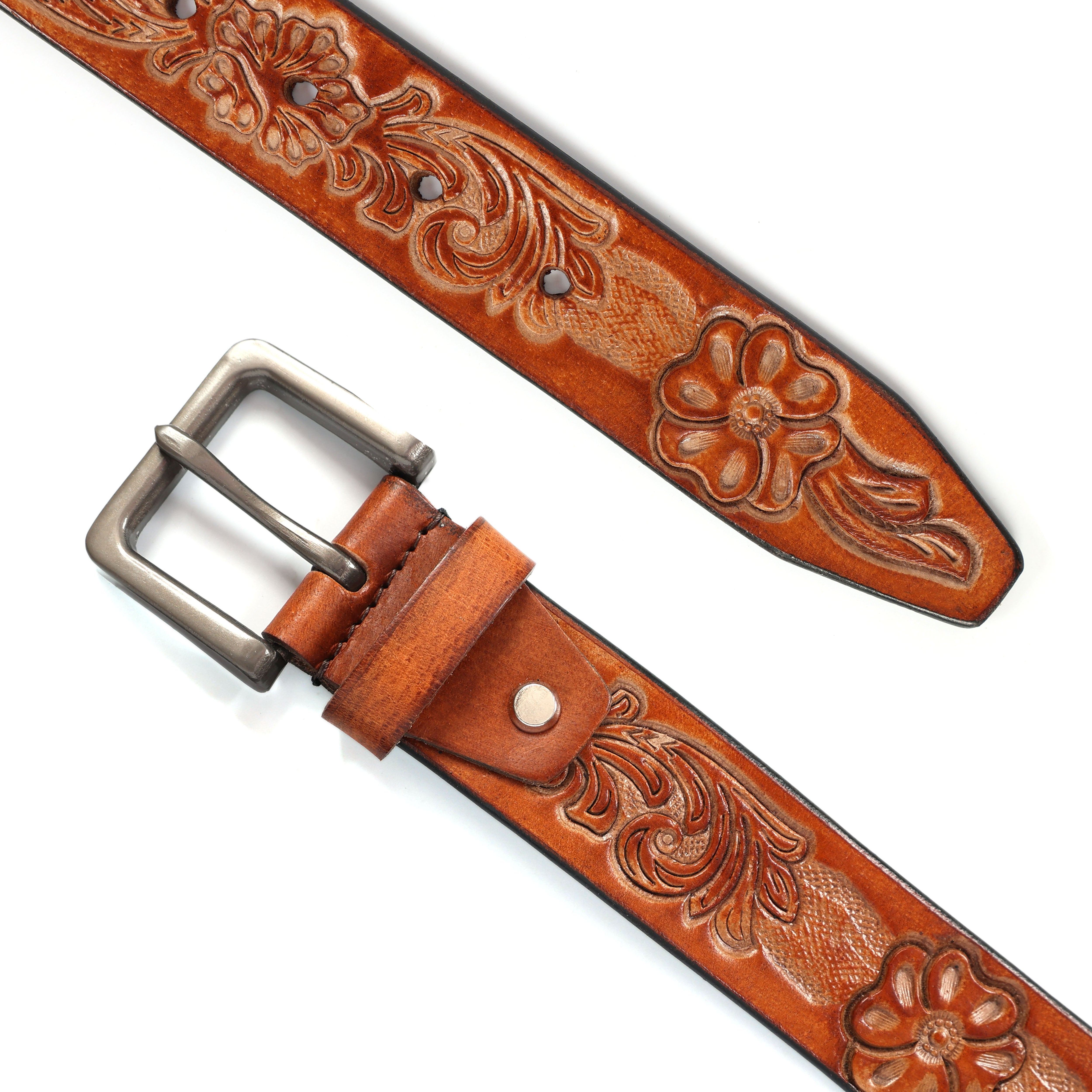 Brand New Handmade Genuine Leather Belt for Men |  Western Floral Embossed Design | Vintage Leather Belt