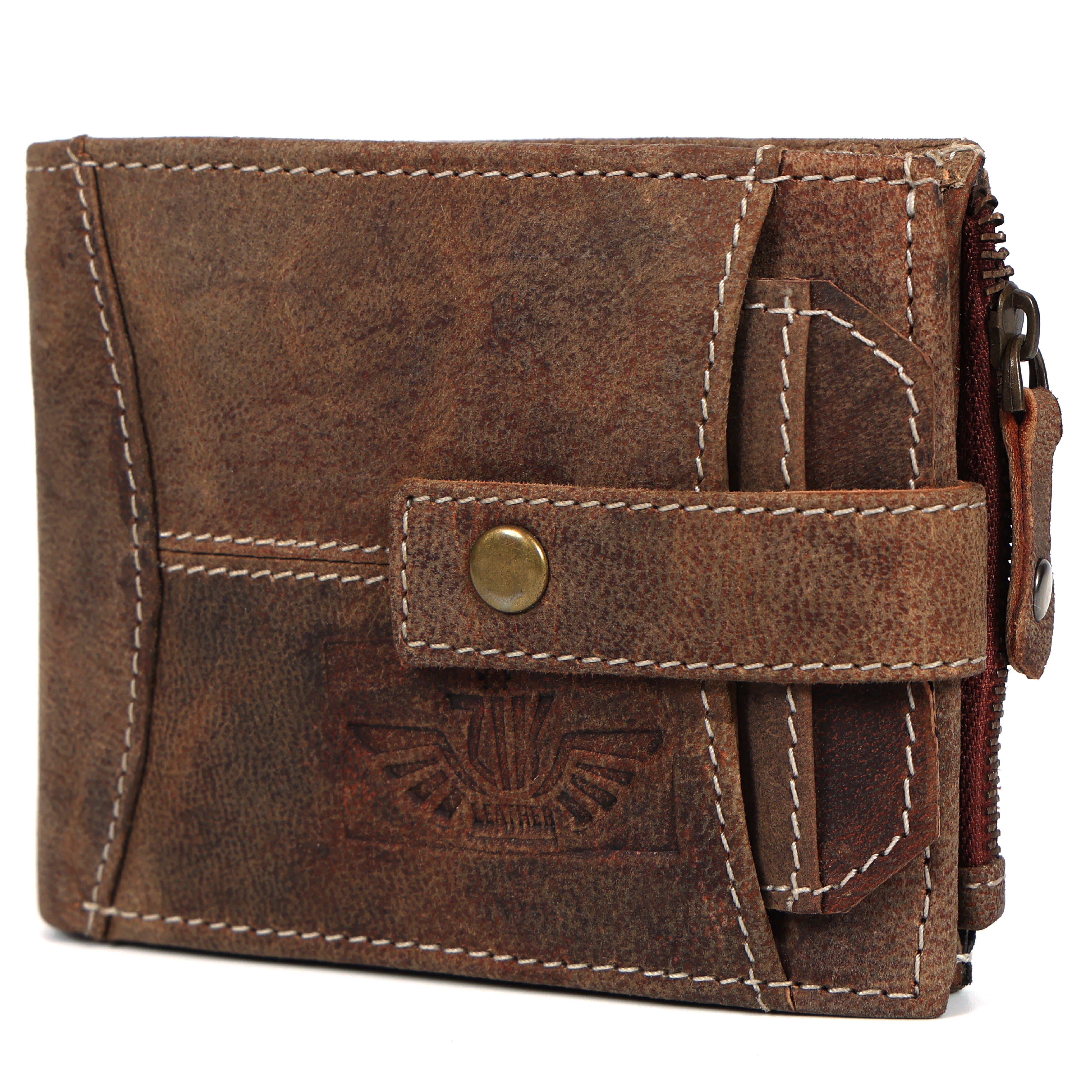 Genuine Leather Men’s Wallet – Rustic Brown Trifold with Coin Pocket & Button Strap