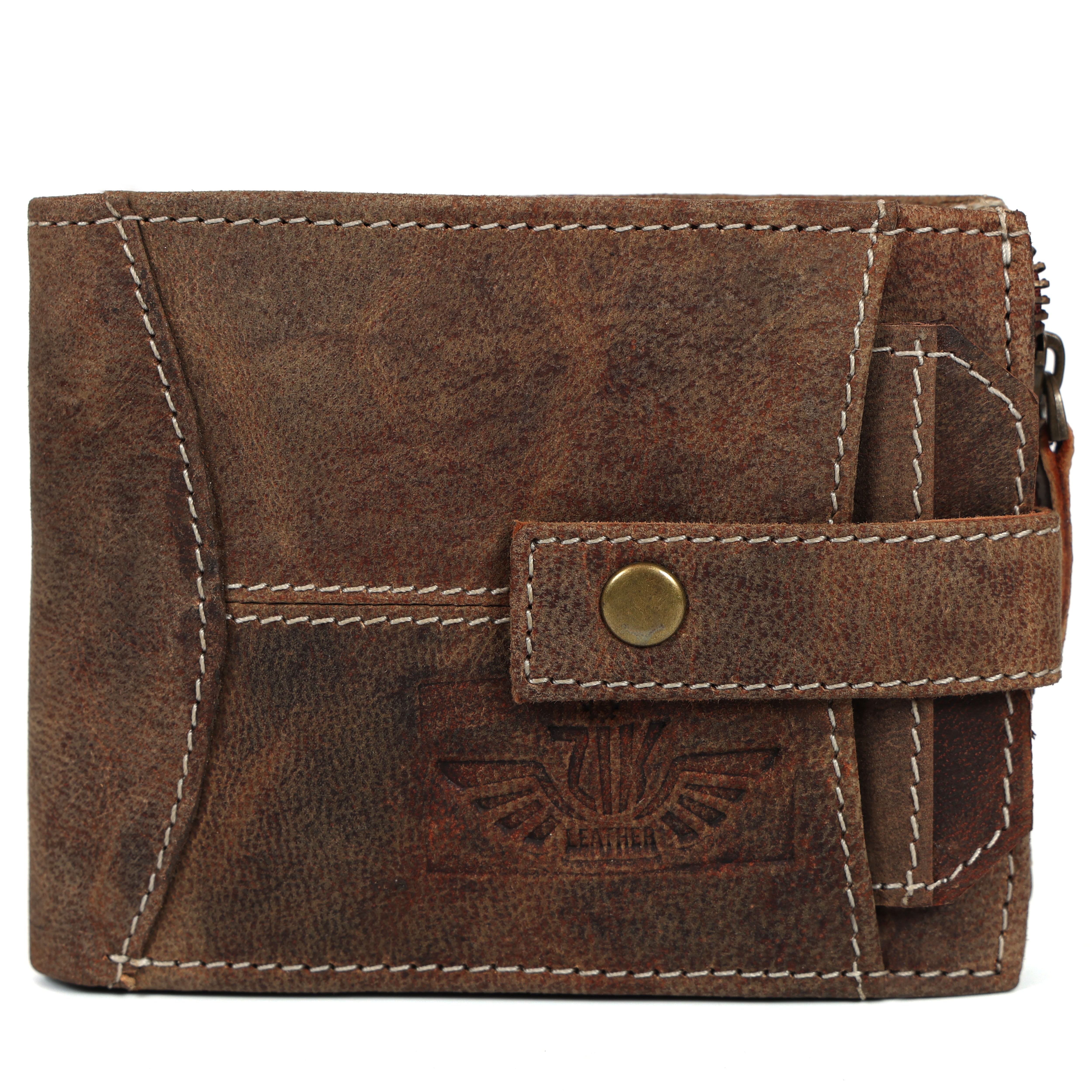 Genuine Leather Men’s Wallet – Rustic Brown Trifold with Coin Pocket & Button Strap