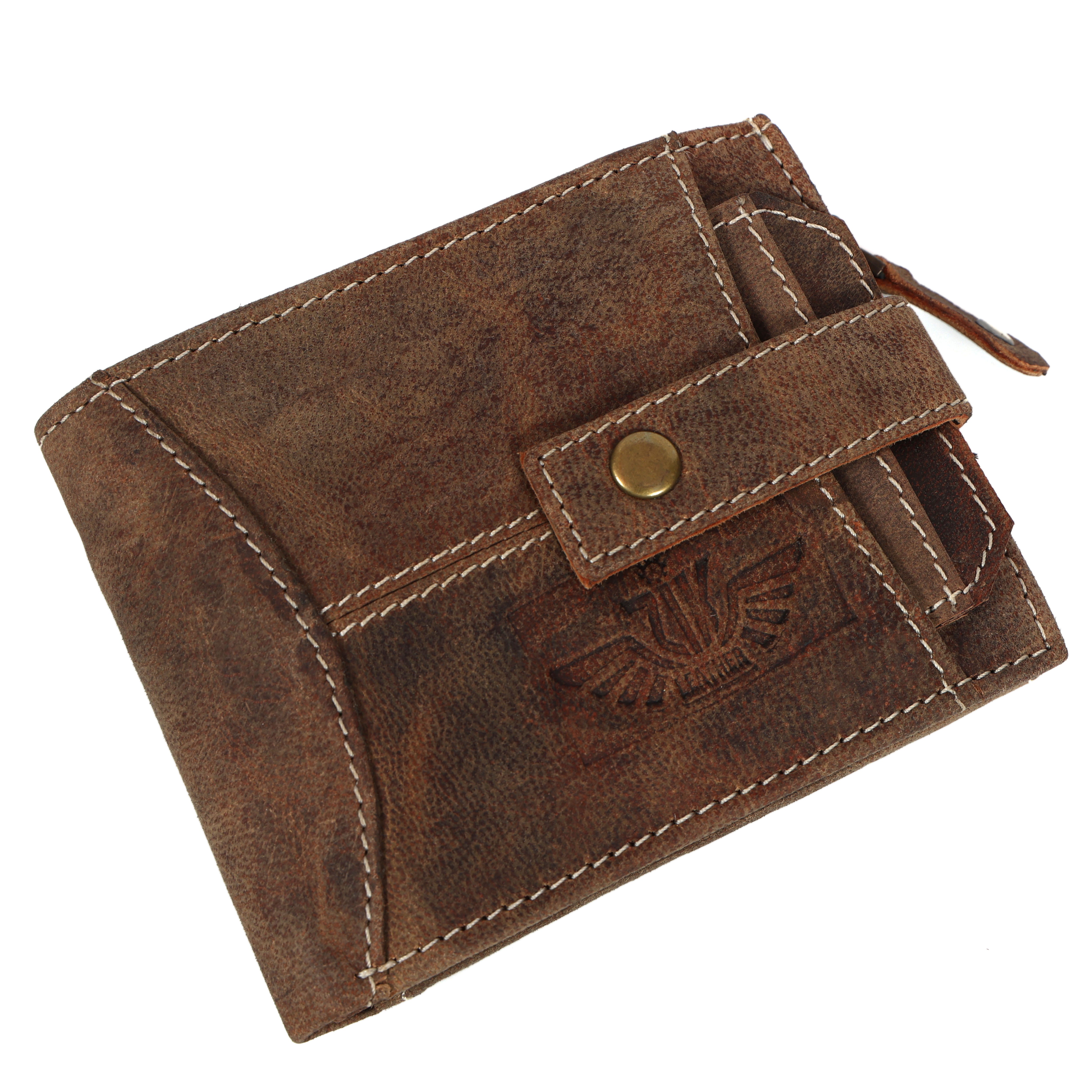Genuine Leather Men’s Wallet – Rustic Brown Trifold with Coin Pocket & Button Strap