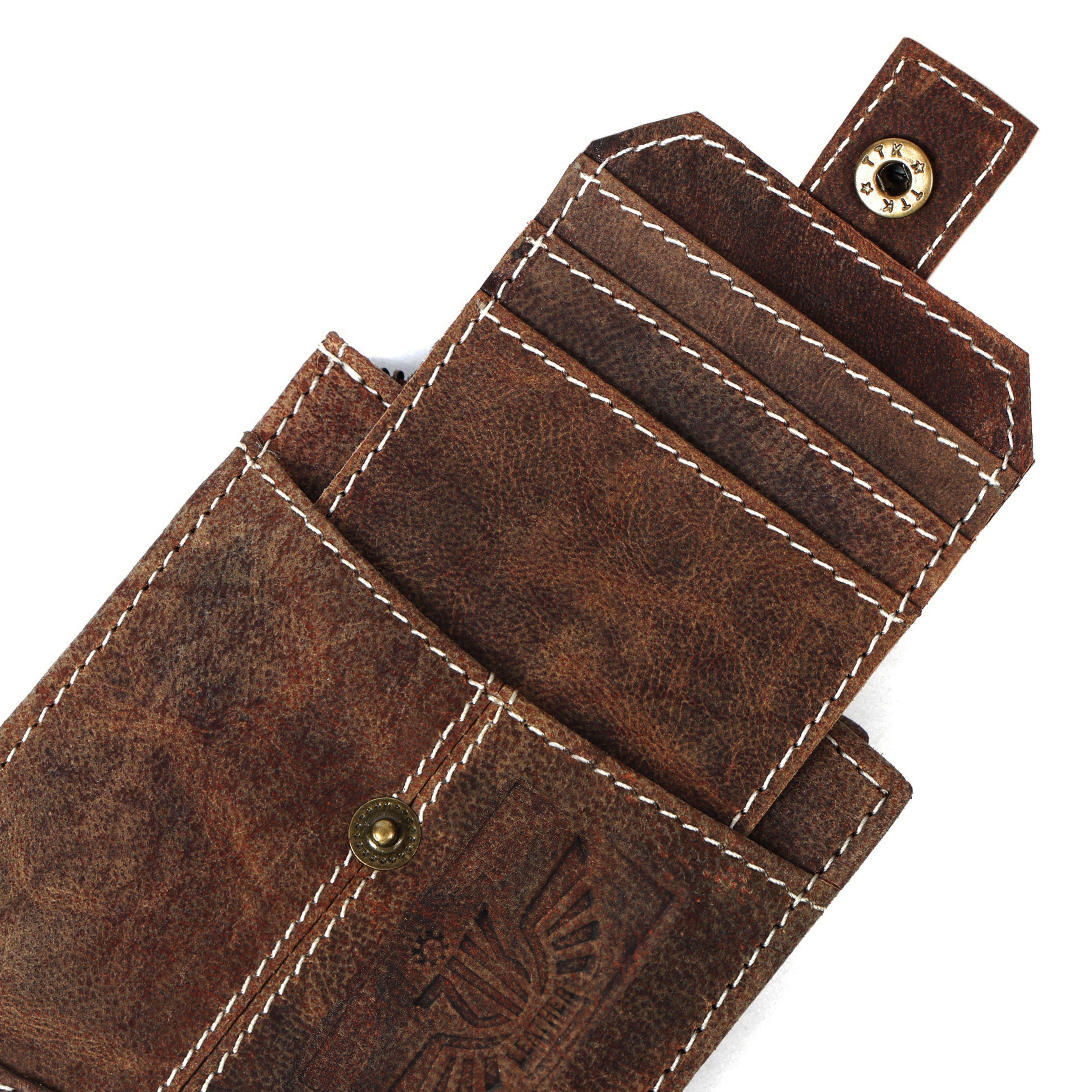 Genuine Leather Men’s Wallet – Rustic Brown Trifold with Coin Pocket & Button Strap