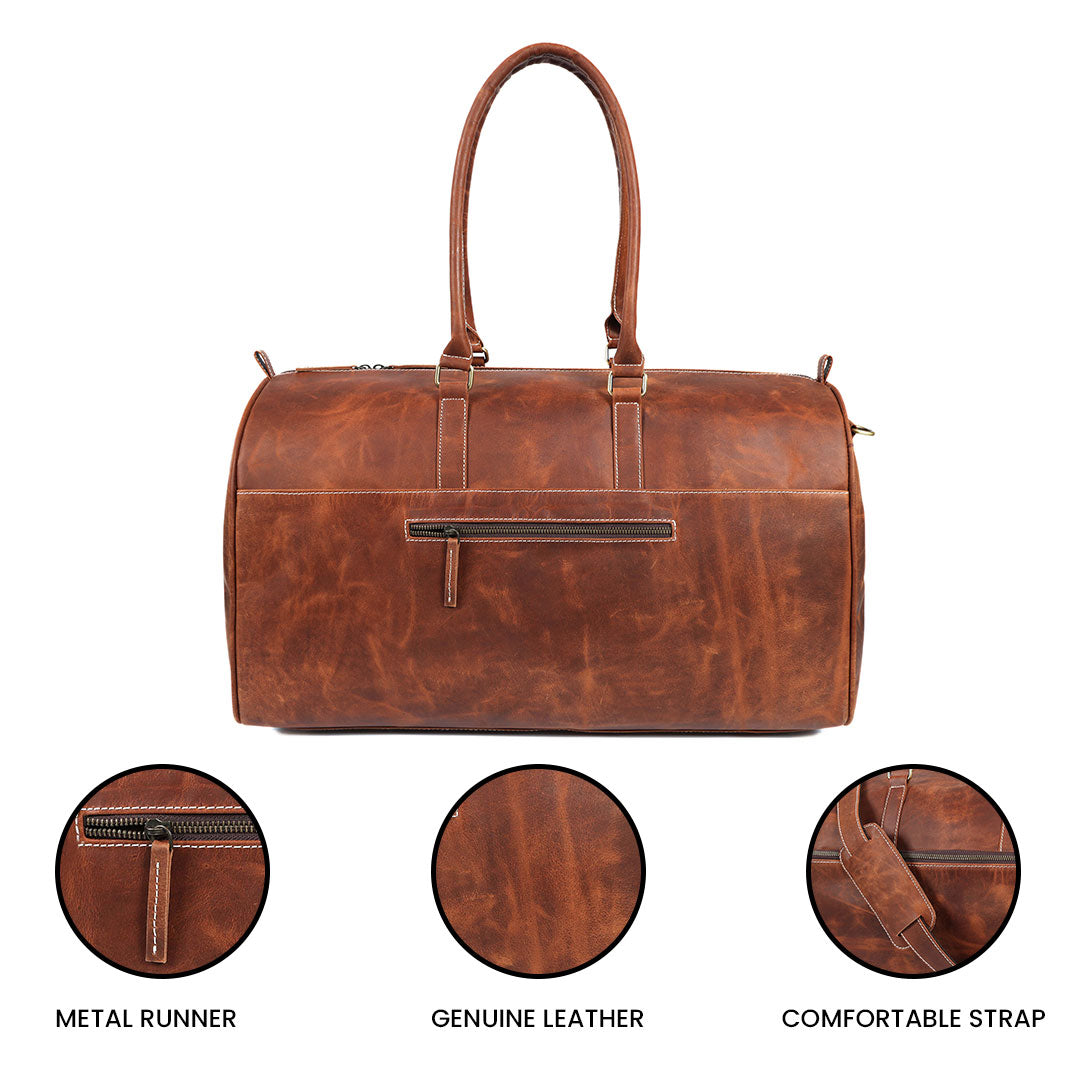 Handcrafted Tan Leather Duffel Bag– Luxury Travel Companion for Men & Women