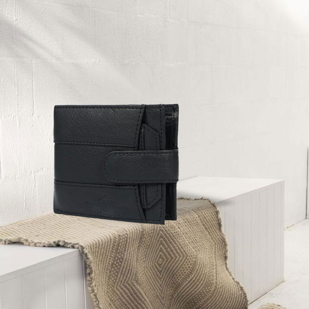 Handmade Classic Black Leather Wallet for Men | Classic Trifold Wallet with Snap Closure & Zip Pocket