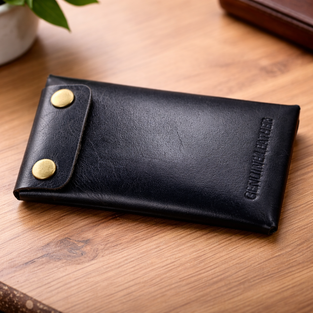 Unisex Premium Genuine Leather Envelope Wallet Handcrafted Card Holder Pouch with Button Closure Black Minimal Wallet