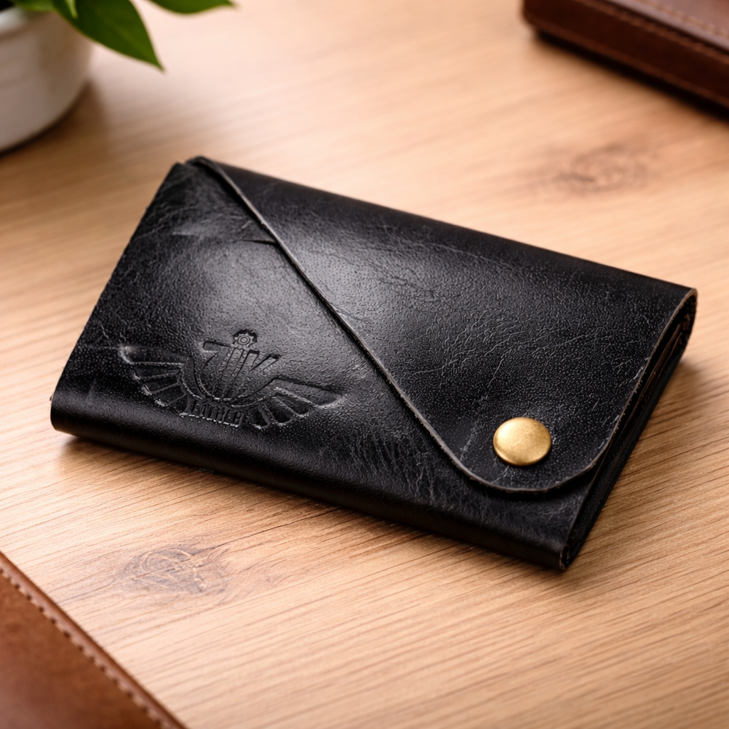 Unisex Premium Genuine Leather Envelope Wallet Handcrafted Card Holder Pouch with Button Closure Black Minimal Wallet