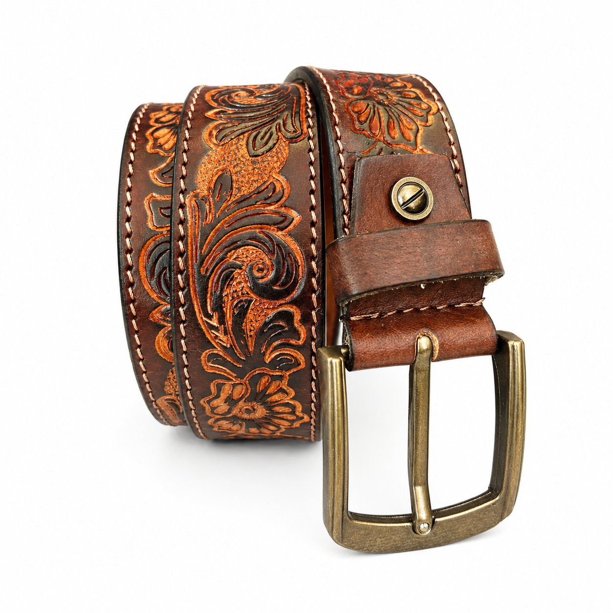 Handcrafted Genuine Leather Belt Vintage Floral Embossed Design Premium Brown Leather Strap with Heavy-Duty Metal Buckle