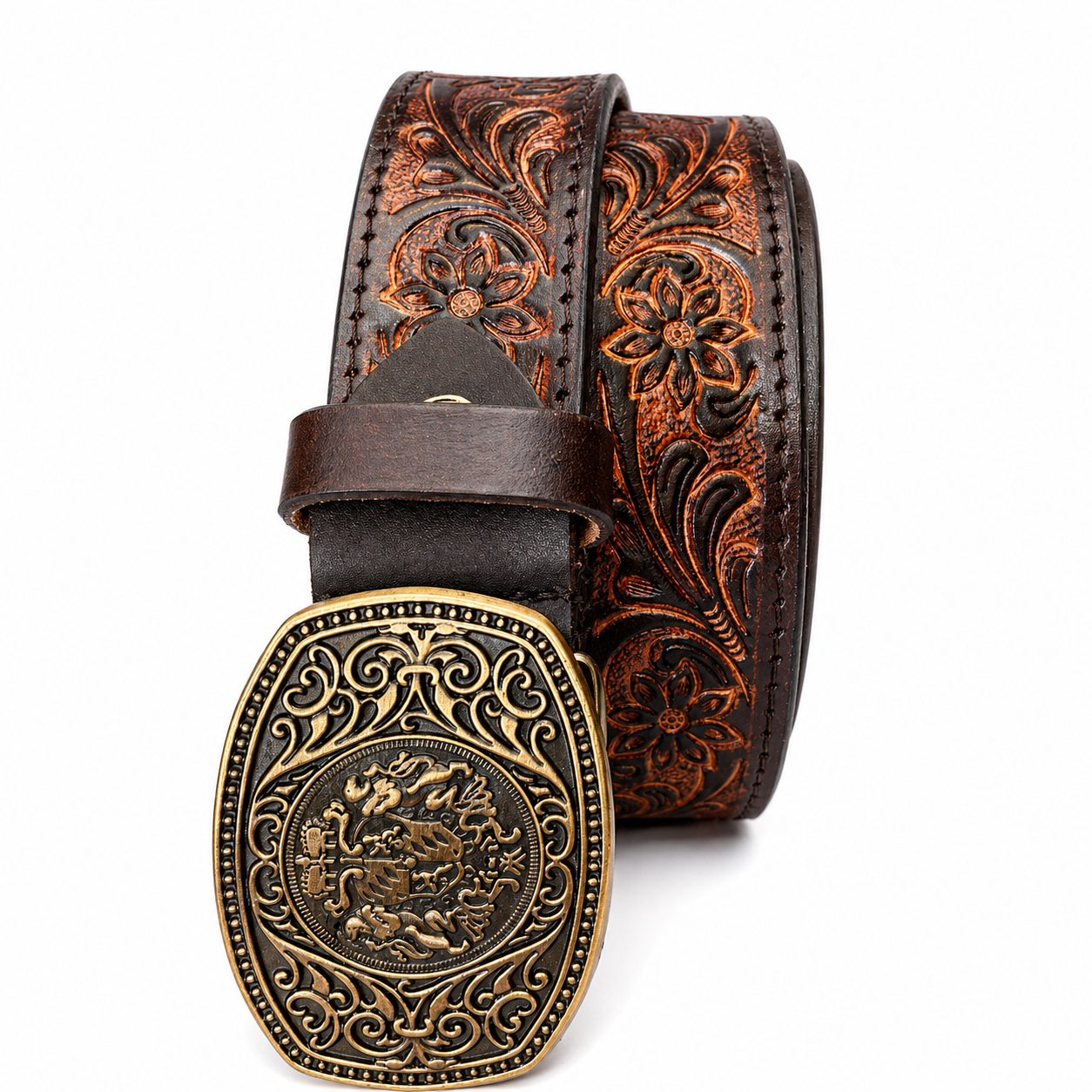 Unisex Luxury Genuine Leather Belt Vintage Embossed Floral Design with Antique Metal Designer Buckle Casual & Western Style Waist Belt